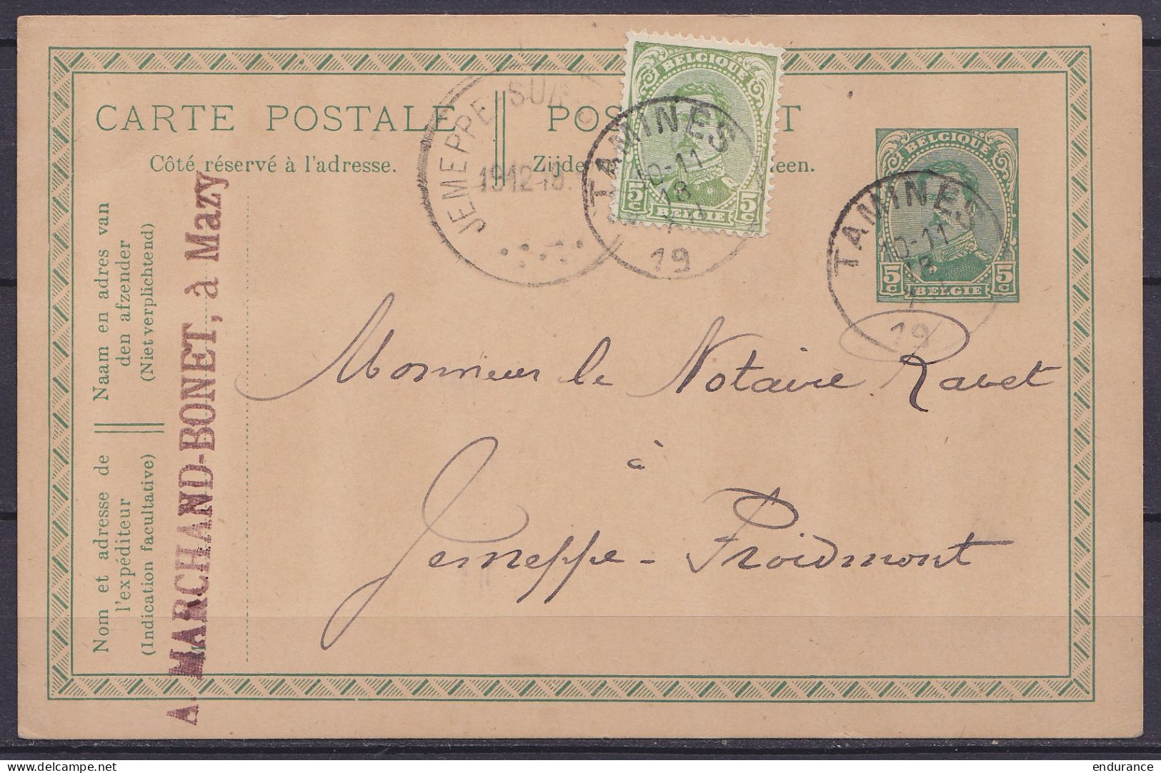 EP CP 5c Vert (N°137) + N°137 De MAZY Càd TAMINES /18 XII 1919 Pour Notaire à JEMEPPE-FROIDMONT - Postkarten 1909-1934