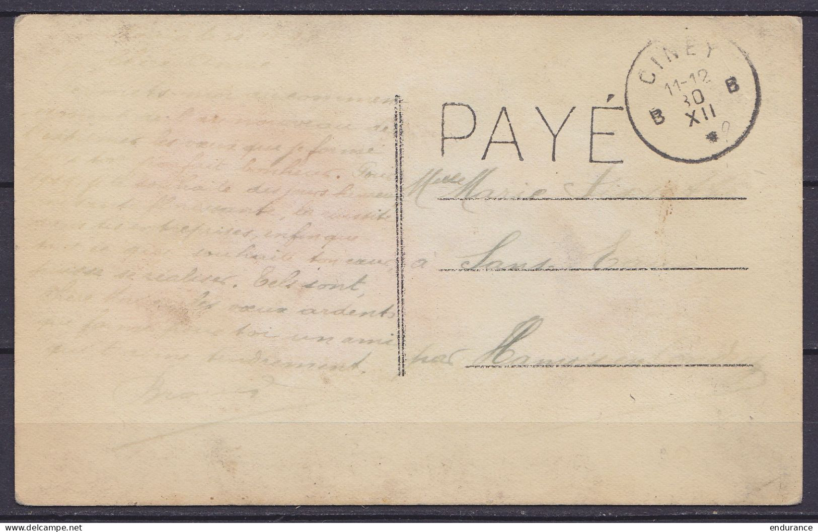 CP Vœux Port "PAYE" Obl. Fortune "CINEY B/30 XII" Pour HAMOIS - Fortune Cancels (1919)