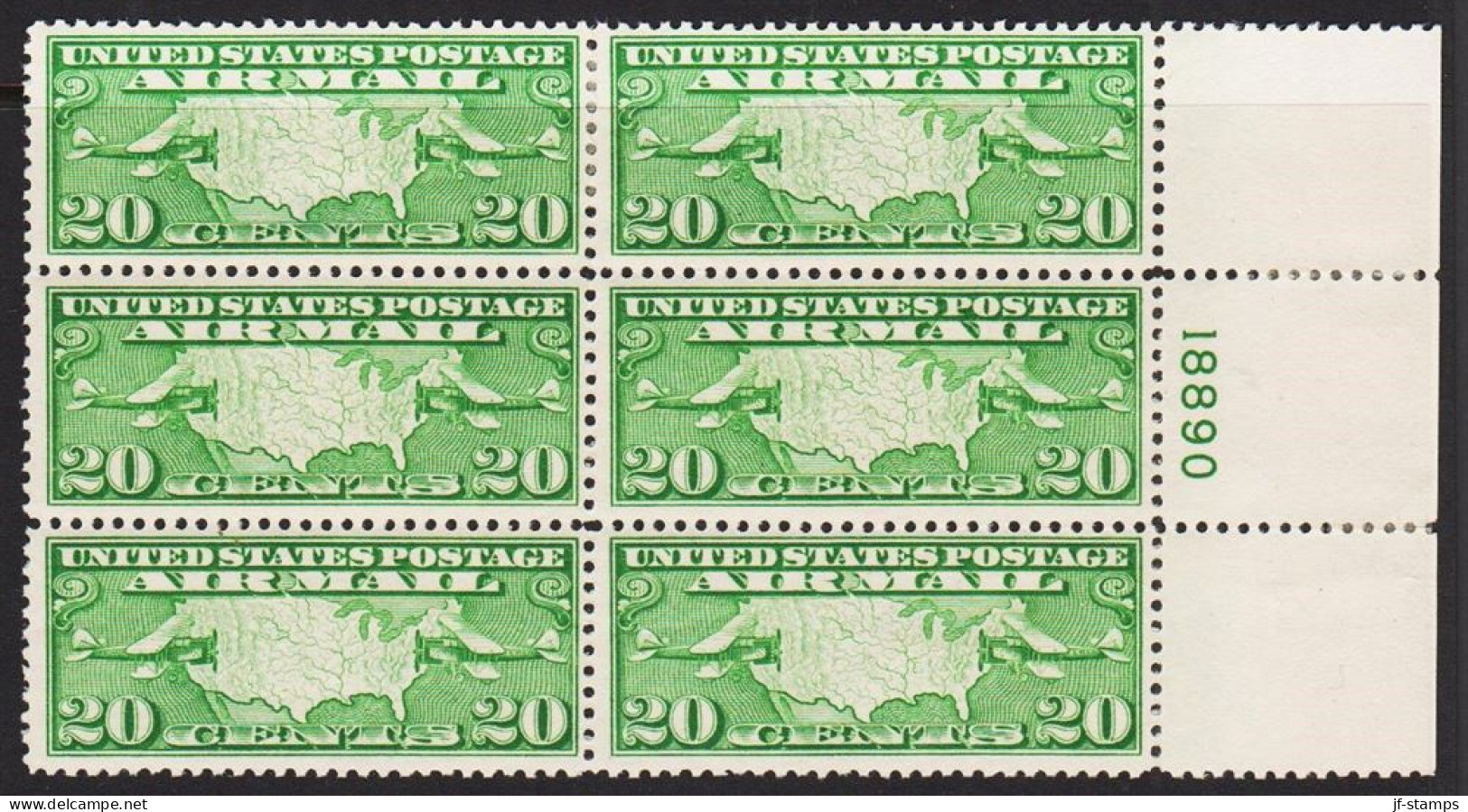 1926. USA. 20 CENTS 20 U.S. AIR MAIL, Country Map In 6block With Plate Number 18890. Beautifully Centering... - JF542818 - Neufs