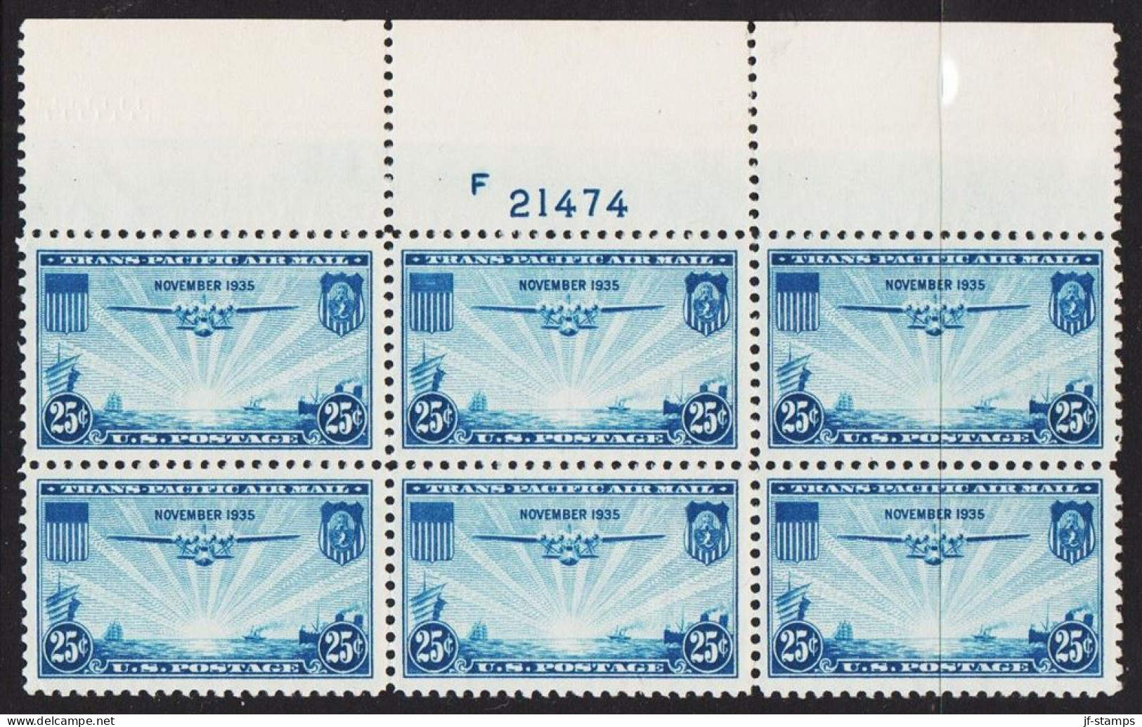 1935. USA. 25 C. U.S. TRANS PACIFIC AIR MAIL, Hawaii, Guam, Philippinen, 6block Never Hinged.  Plate Numbe... - JF542826 - Unused Stamps