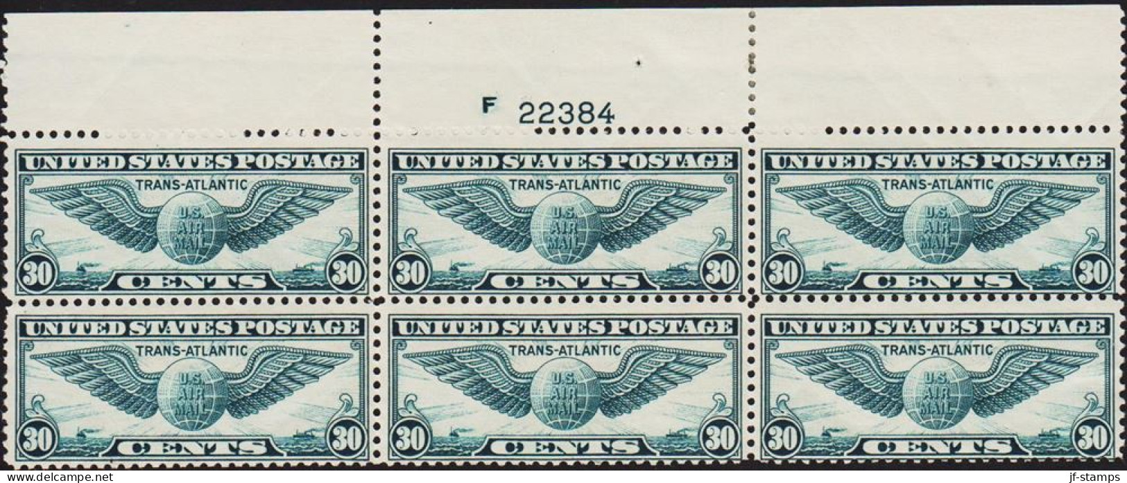 1939. USA. 30 C. U.S. TRANS ATLANTIC AIR MAIL, , 6block Hinged.  Plate Number 22384.  - JF542829 - Nuevos