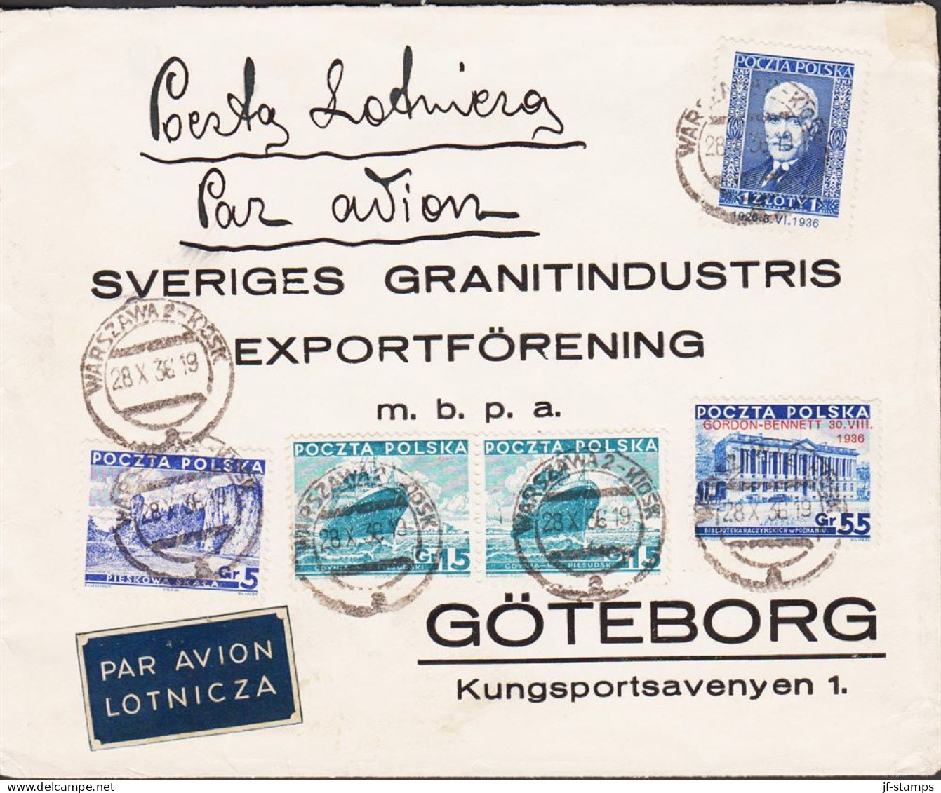 1936. POLSKA. Rare COMMERCIAL Cover To SVERIGES GRANITINDUSTRIS EXPORTFÖRENING, GÖTEB... (Michel 312 + 314 +) - JF542877 - Cartas & Documentos
