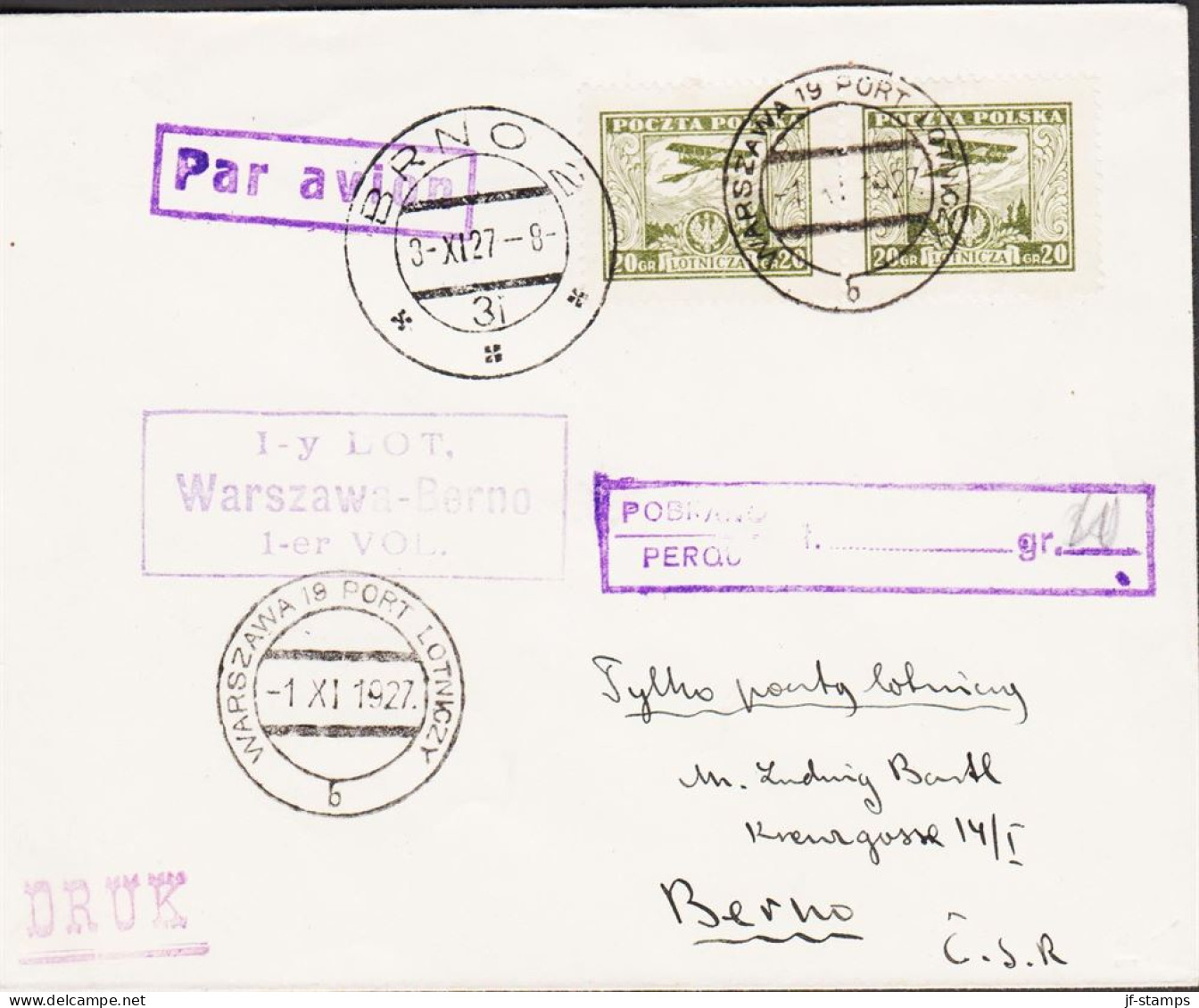 1927. POLSKA. Rare First Flight I-y LOT, Warszawa-Berno 1-er VOL With Pair 20 GR Airplane LVG... (Michel 230) - JF542879 - Lettres & Documents
