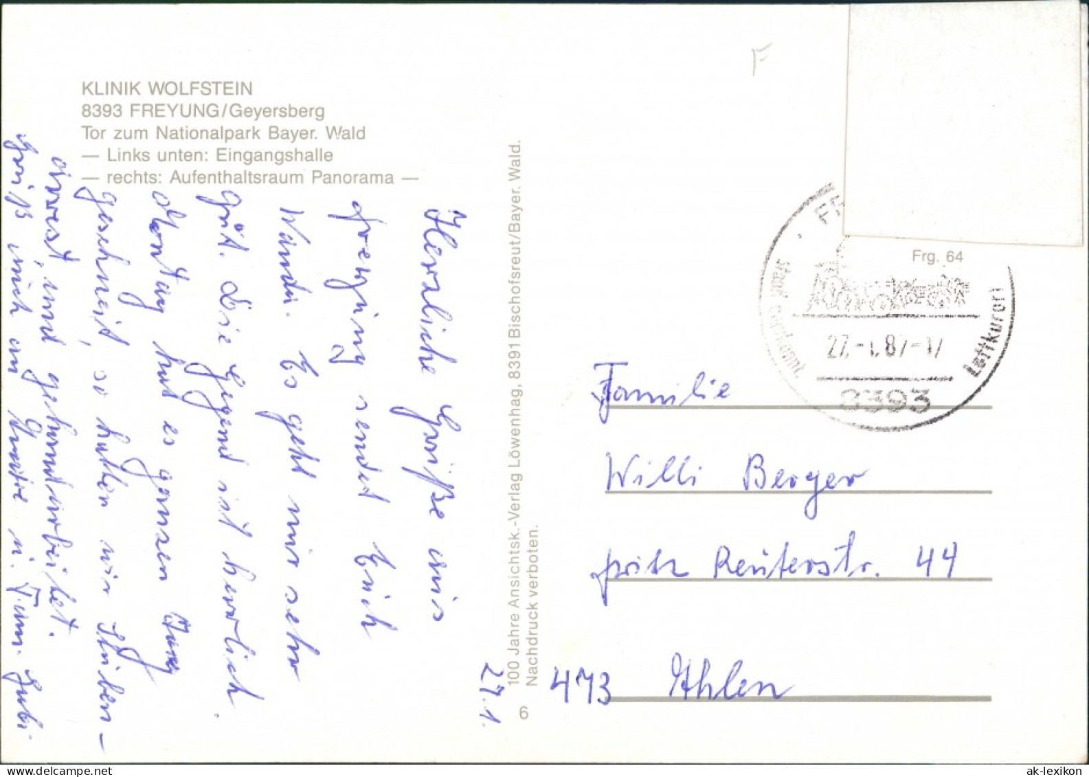 Ansichtskarte Freyung Klinik Wolfstein - Außen- U. Innenanischt 1987 - Freyung