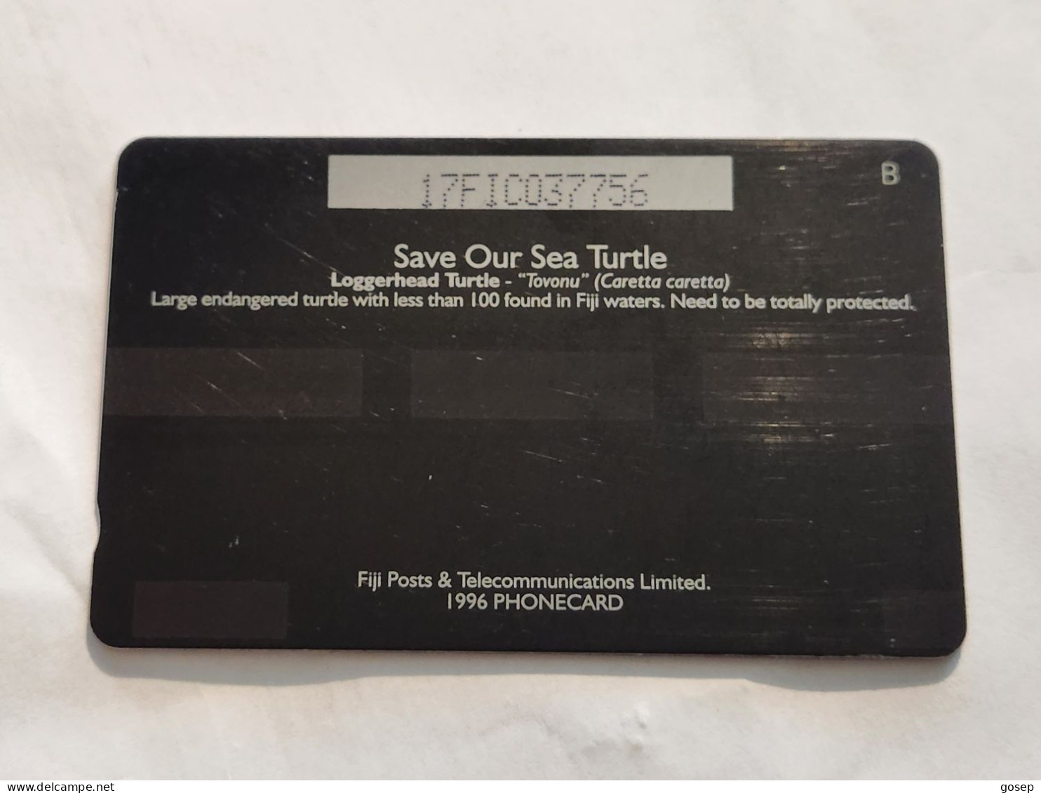 FiGI-(17FIC-FIJ-085)-Loggerhead Turtle-Tovonu-(78)(1996)-($5)-(17FIC07756)-(TIRAGE-38.200)-used Card+1card Prepiad Free - Fidschi