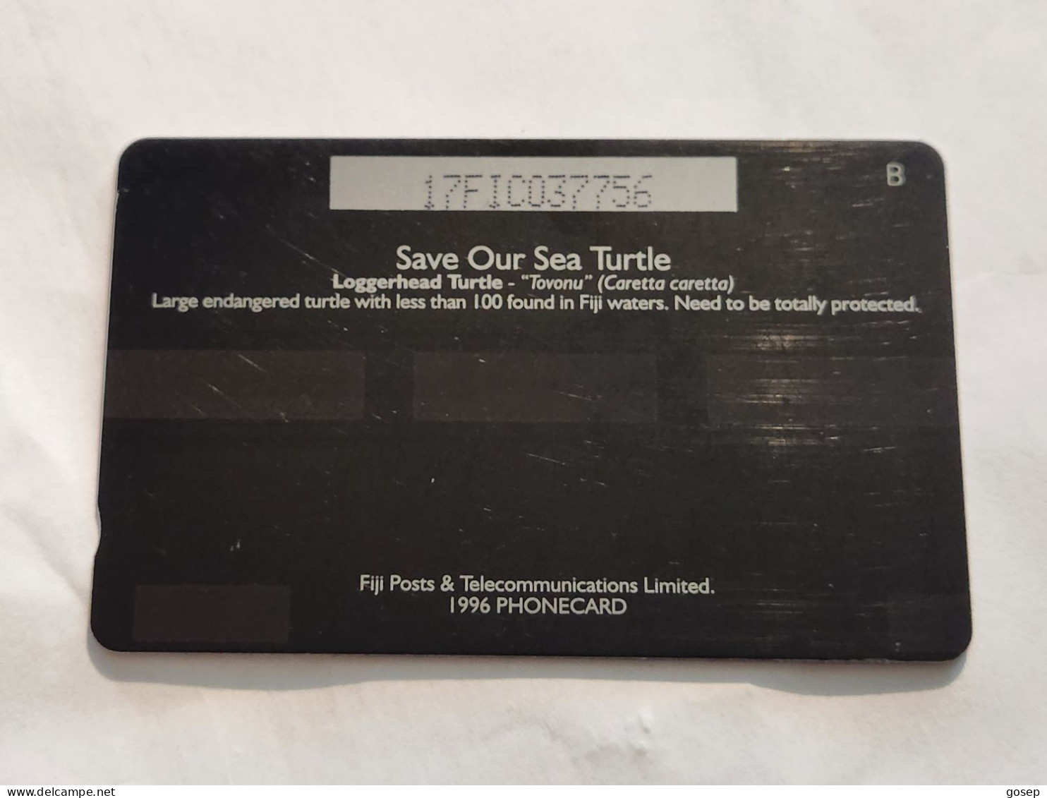 FiGI-(17FIC-FIJ-085)-Loggerhead Turtle-Tovonu-(78)(1996)-($5)-(17FIC07756)-(TIRAGE-38.200)-used Card+1card Prepiad Free - Figi