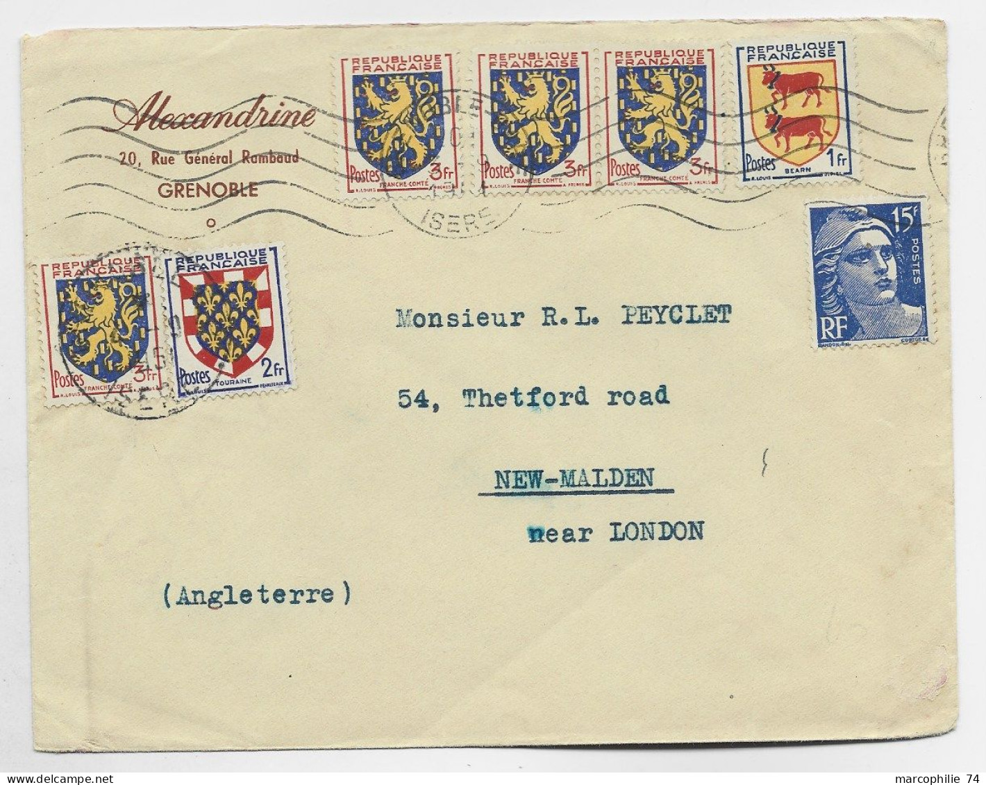 BLASON 3FRX4+2FR+1FR+ GANDON 15FR LETTRE MEC GRENOBLE 1951 POUR LONDRES AU TARIF - 1941-66 Coat Of Arms And Heraldry