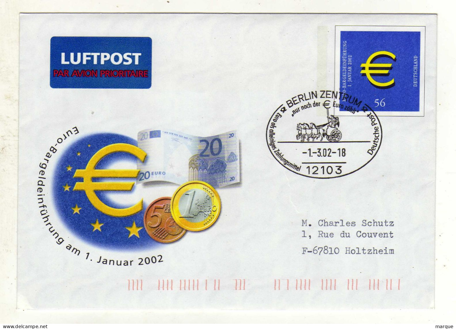 Enveloppe ALLEMAGNE DEUTSCHLAND Oblitération 1er Jour 12103 BERLIN CENTRUM 01/03/2002 - Sobres - Usados