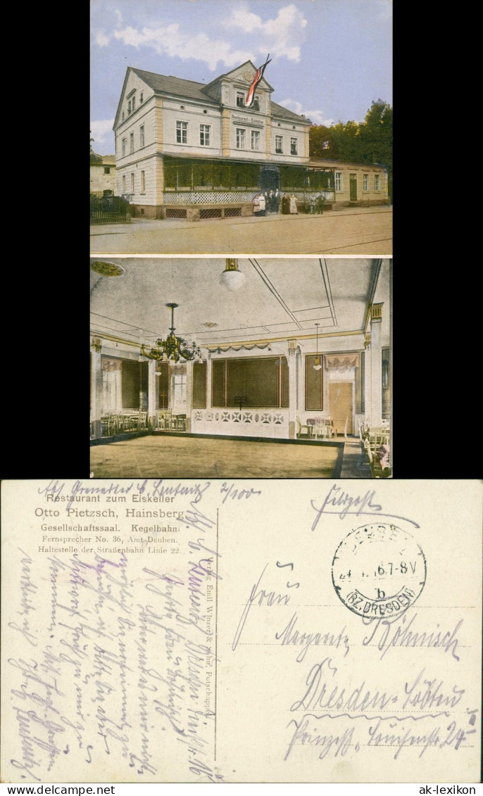 Ansichtskarte Hainsberg-Freital Restaurant Eiskeller 2 Bild Saal 1916 - Freital