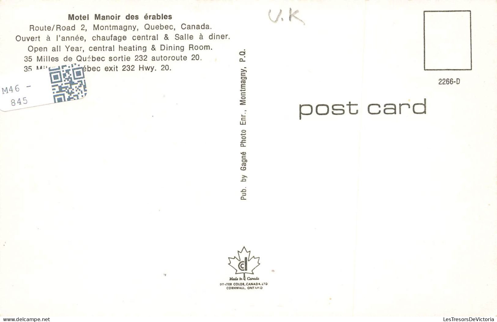 CANADA  - Motel Manoir Des érables - Route/Road 2 - Montmagny - Quebec Canada - Carte Postale Ancienne - Sonstige & Ohne Zuordnung