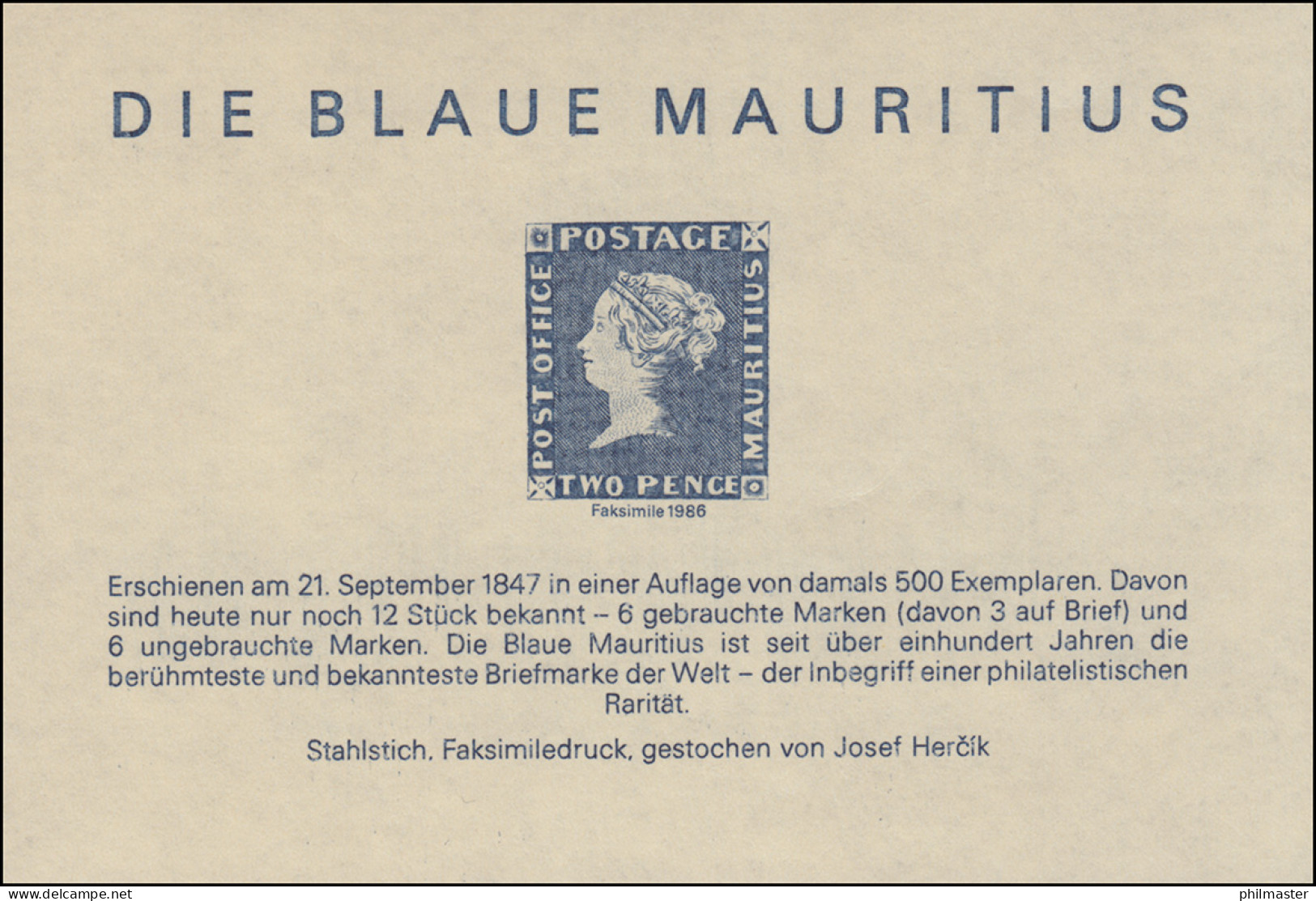 Sonderdruck Die Blaue Mauritius 1986 FAKSIMILE - Posta Privata & Locale