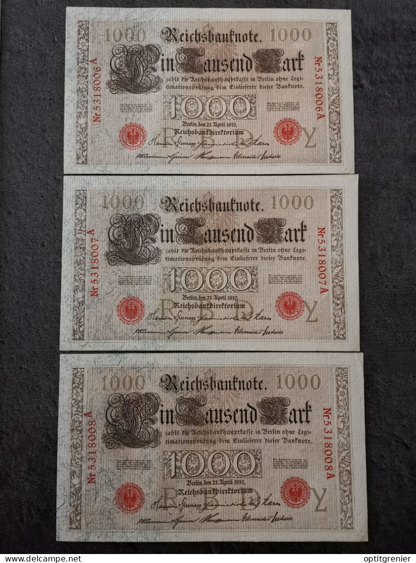 LOT 3 BILLETS N° SUIVIS 1000 MARK 21 04 1910 BERLIN SERIE Y REICHSBANKNOTE ALLEMAGNE (06 07 08) - 1000 Mark