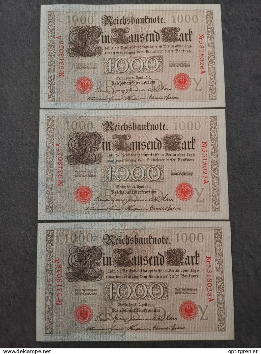LOT 3 BILLETS N° SUIVIS 1000 MARK 21 04 1910 BERLIN SERIE Y REICHSBANKNOTE ALLEMAGNE (26 27 28) - 1.000 Mark