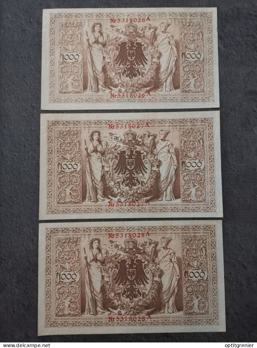 LOT 3 BILLETS N° SUIVIS 1000 MARK 21 04 1910 BERLIN SERIE Y REICHSBANKNOTE ALLEMAGNE (26 27 28) - 1.000 Mark