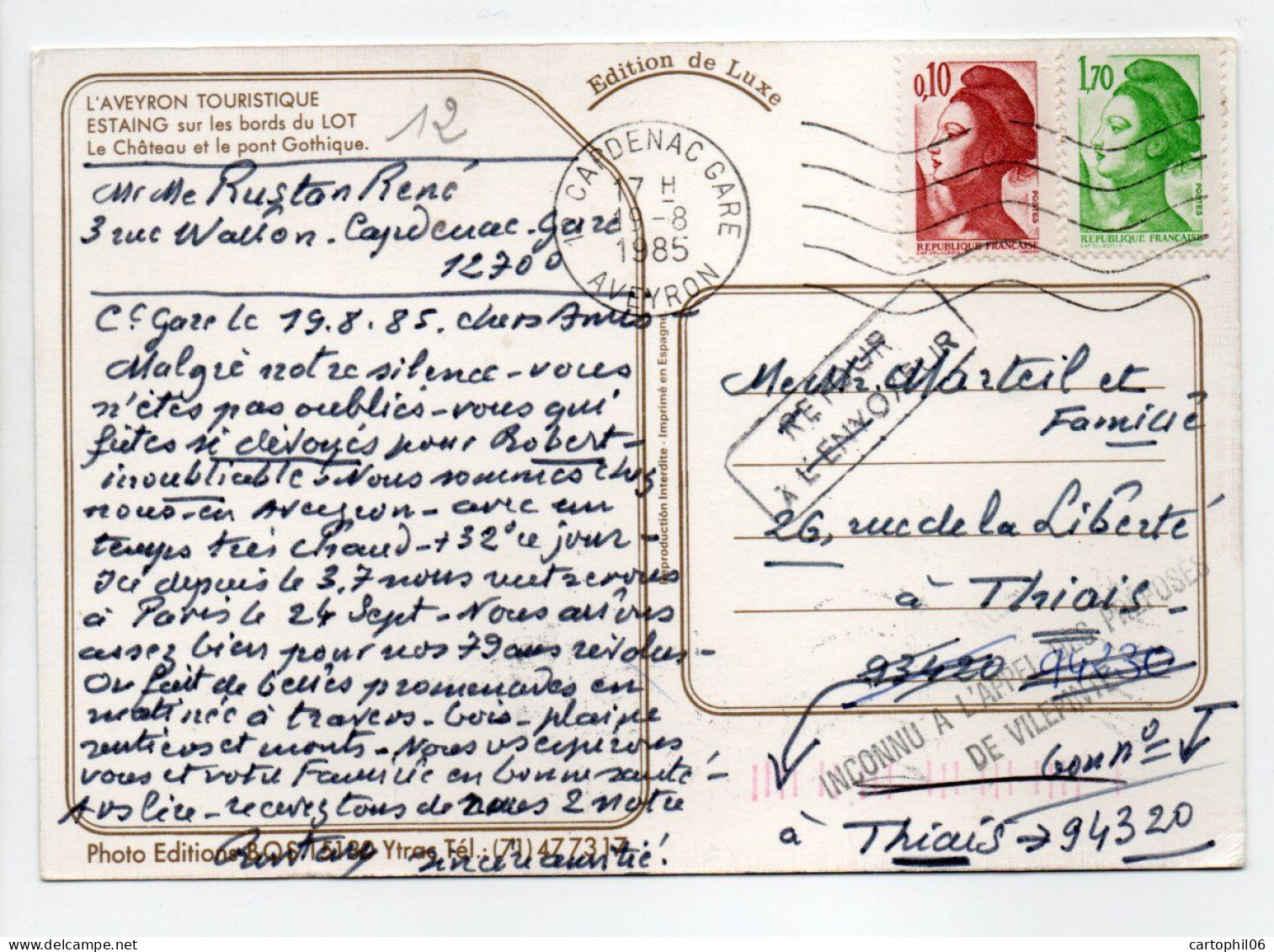 - Carte Postale CARDENAC GARE (Aveyron) Pour THIAIS (Val-de-Marne) - ERREUR DE CODE POSTAL - - Storia Postale