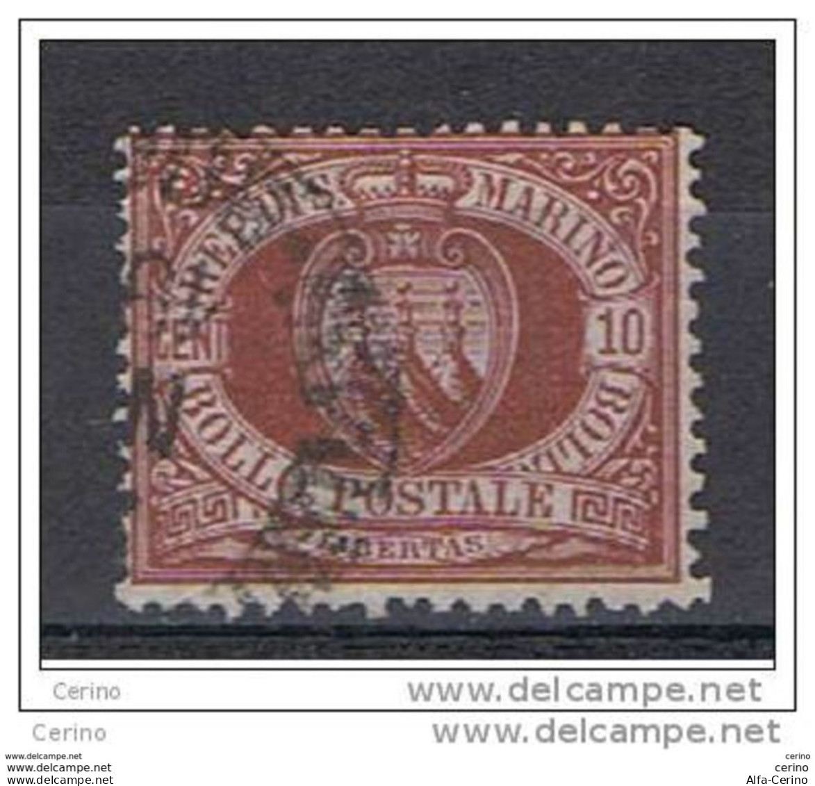 SAN  MARINO:  1894/99  STEMMA  -  10 C. LACCA  BRUNO  US. -  SASS. 28 A - Usati