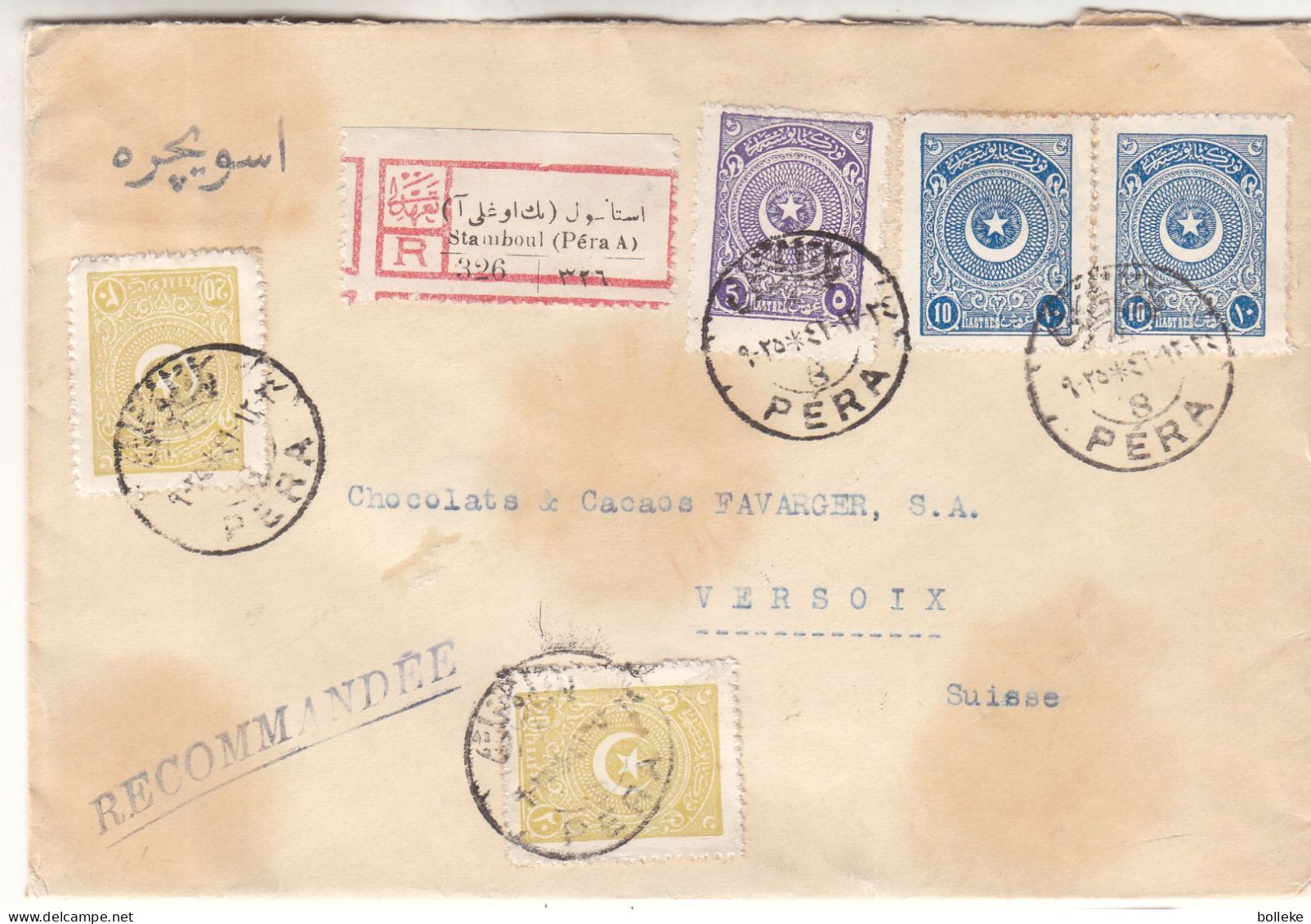 Turquie - Lettre Recom De 1925 - Oblit Peru - Exp Vers Versoix - - Cartas & Documentos