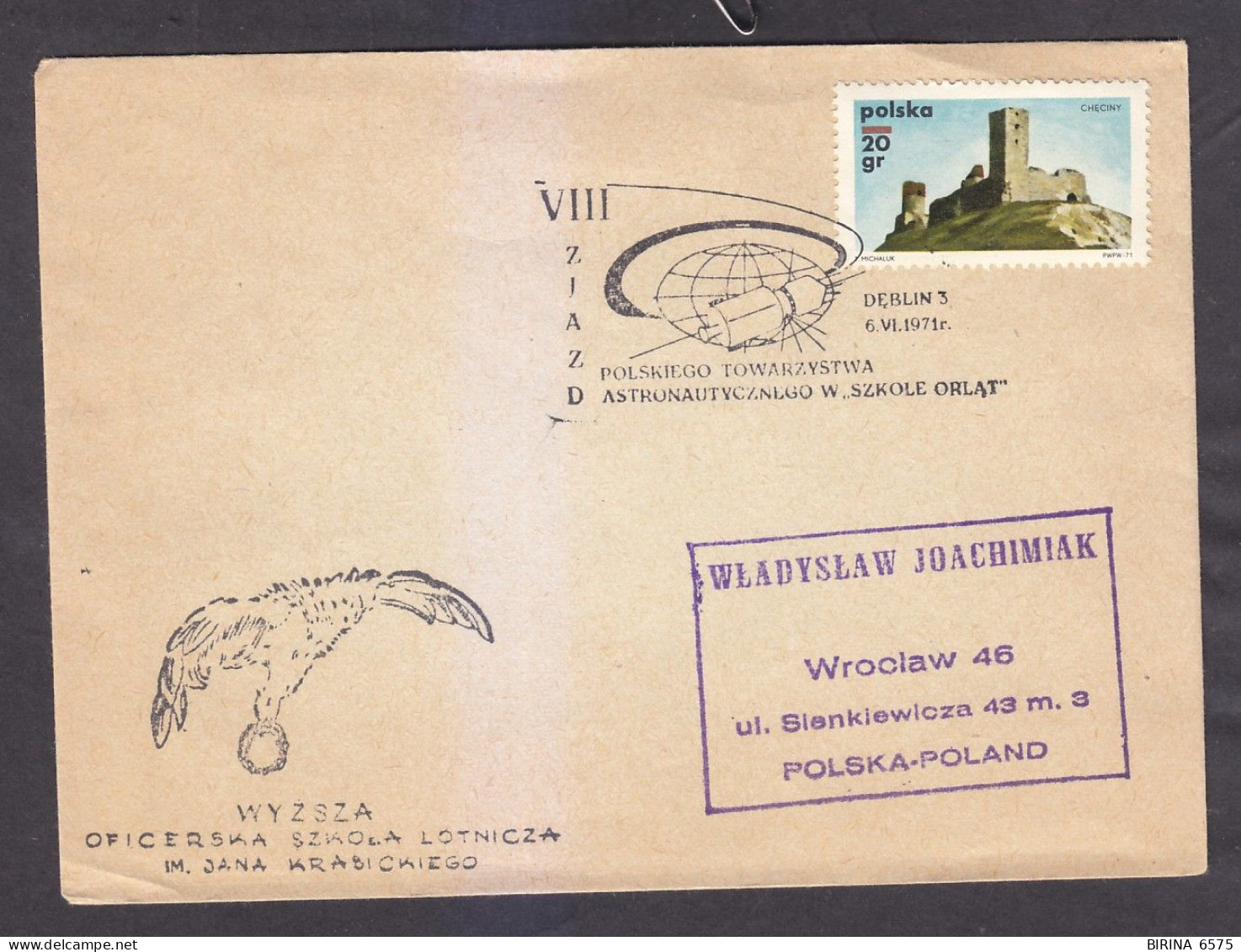 Envelope. Poland. THE ASTRONAUTICAL SOCIETY. THE ORLAT SCHOOL. 1971. - 9-4 - Covers & Documents