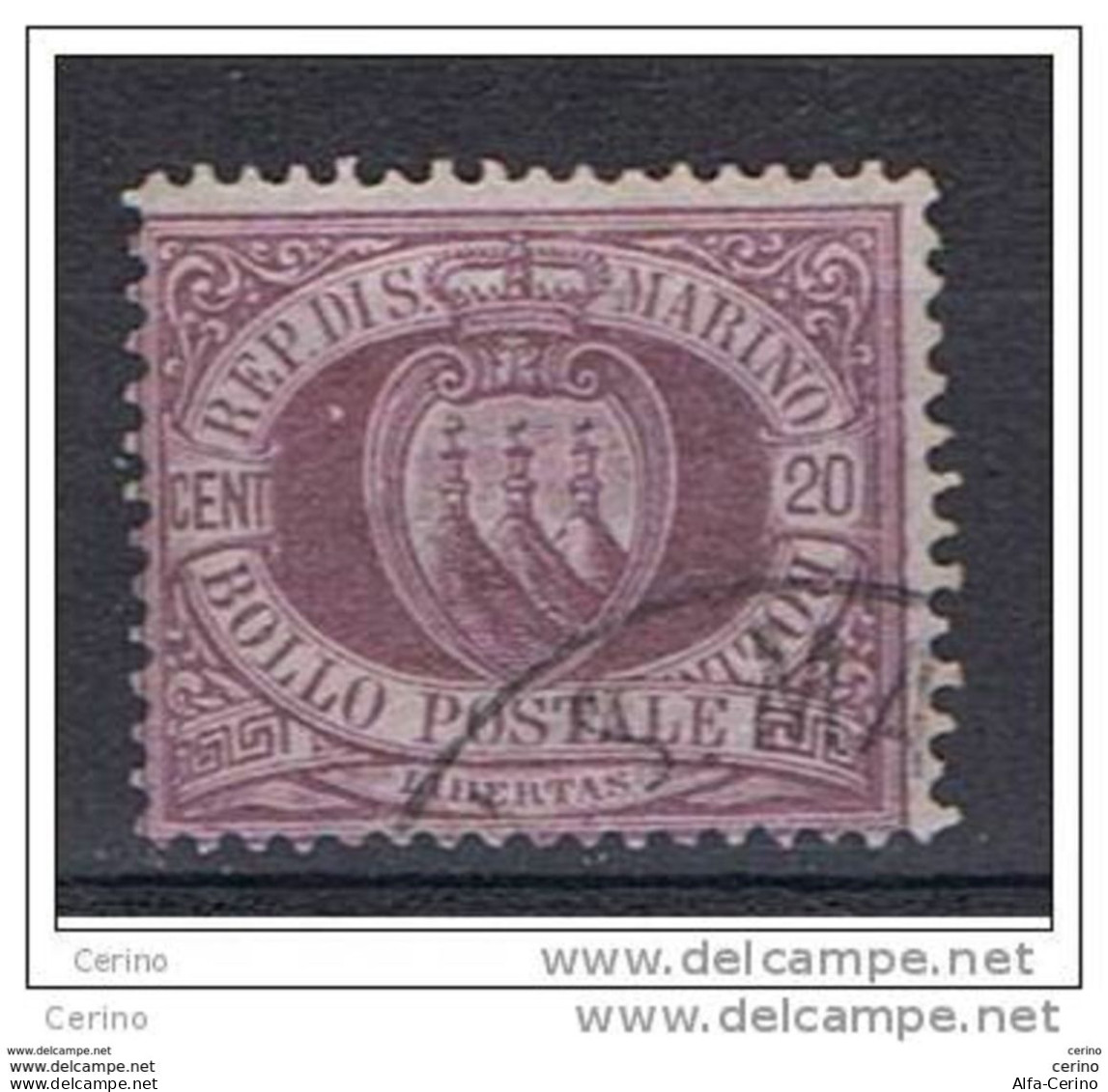 SAN  MARINO:  1894  STEMMA  -  20 C. LILLA  US. -  SASS. 29 - Usati