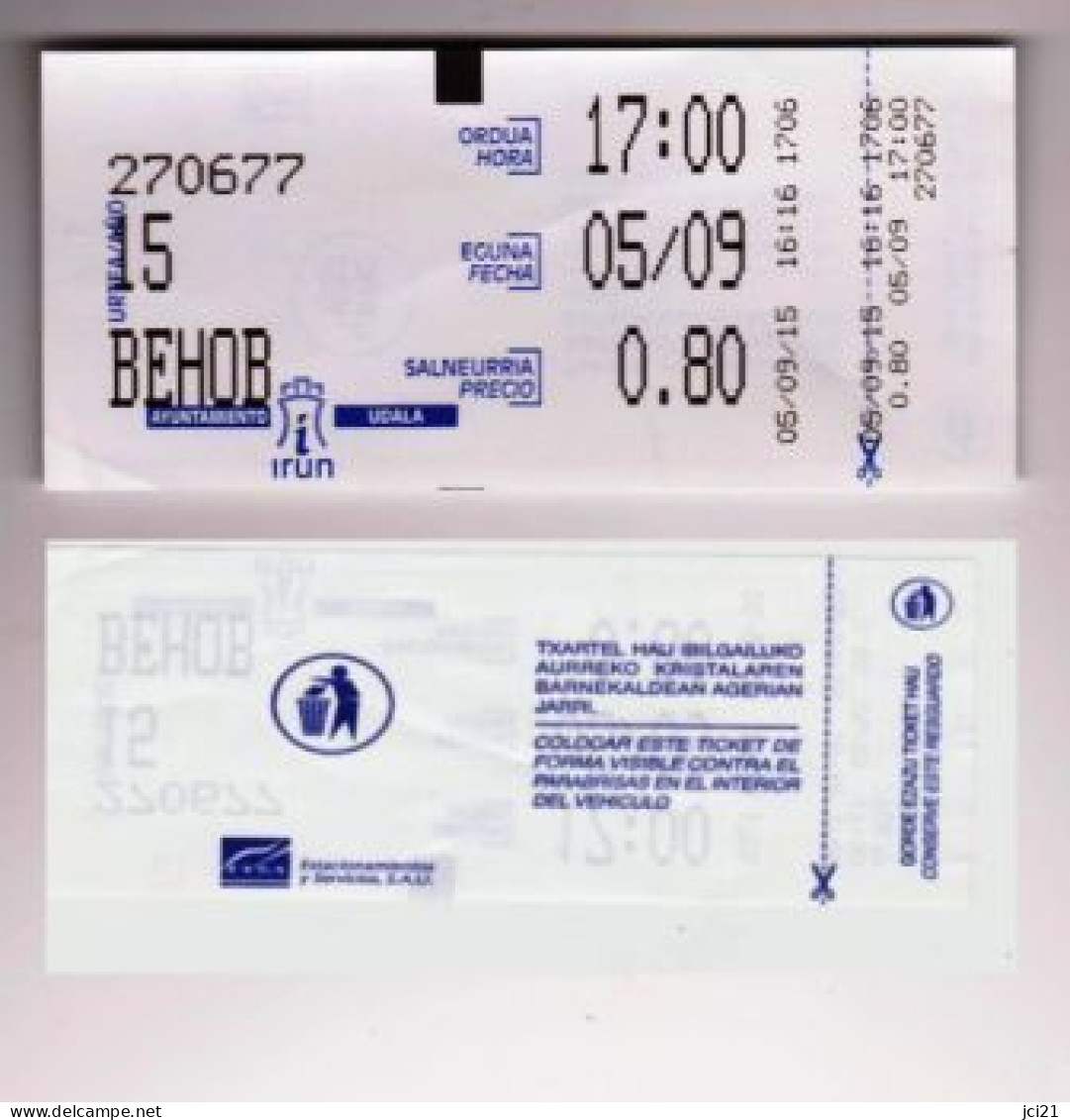 Ticket Parking Ville De IRUN Espagne " AYUNTAMIENTO IRUN UDALA " (2400)_Di167 - Biglietti D'ingresso