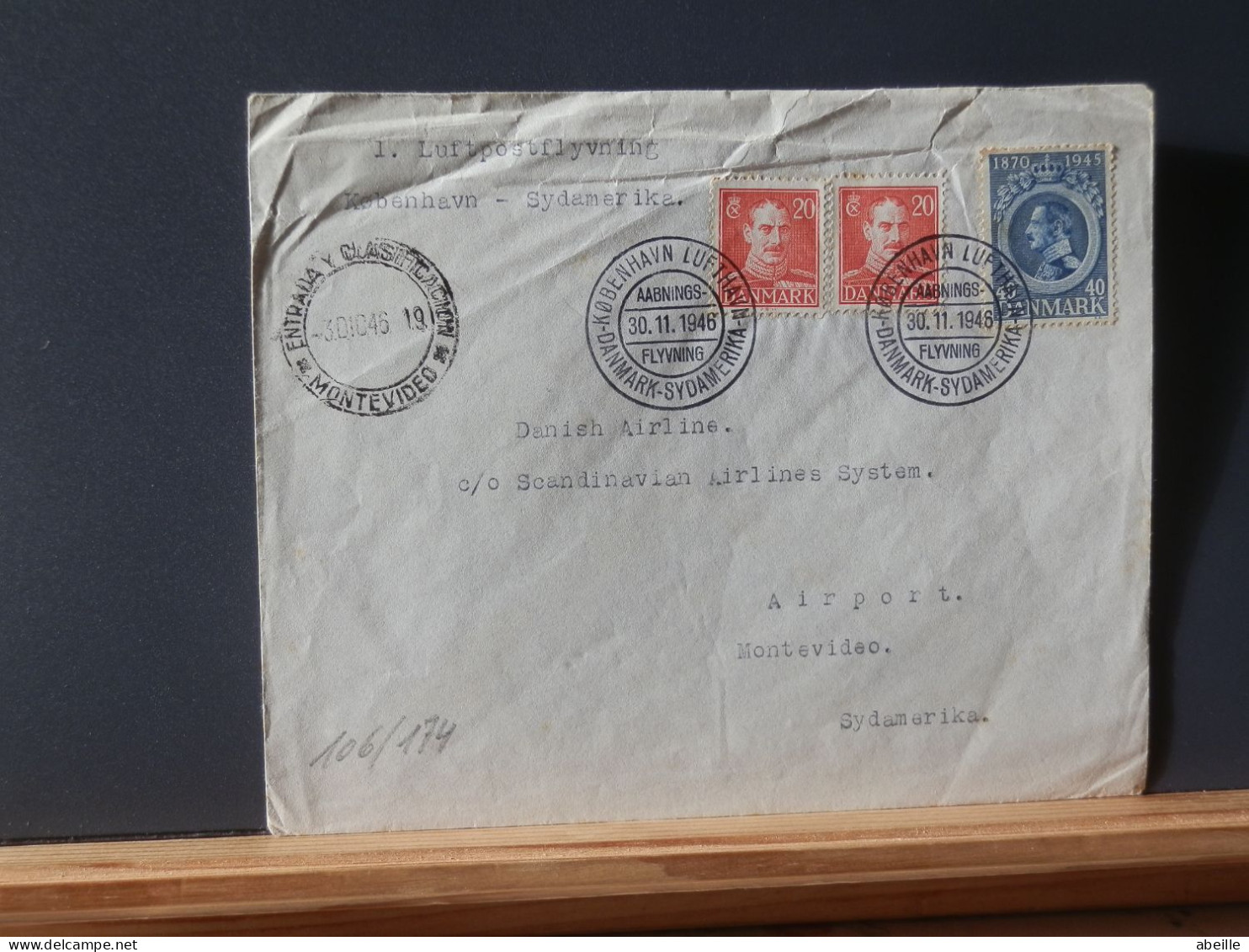 1O6/174 LETTRE  DANMARK  1946 TO MONTEVIDEO  1° FLICHT - Lettres & Documents