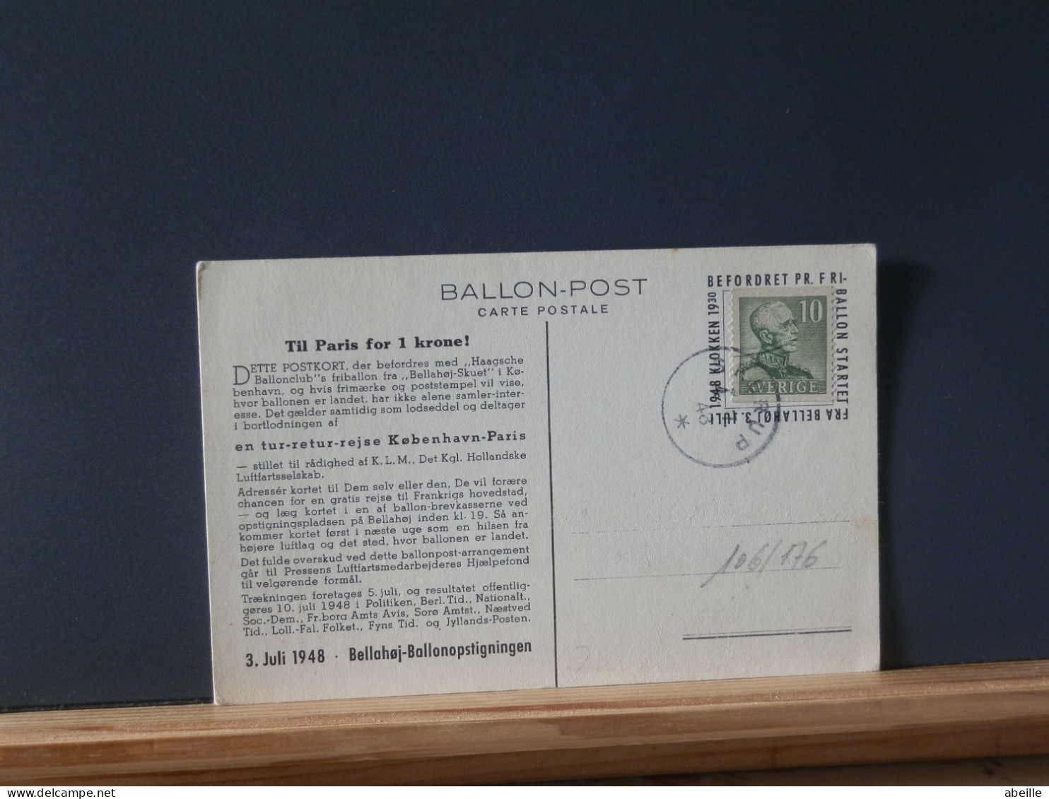 1O6/176  CP  DANMARK  1948 BALLONPOST - Brieven En Documenten