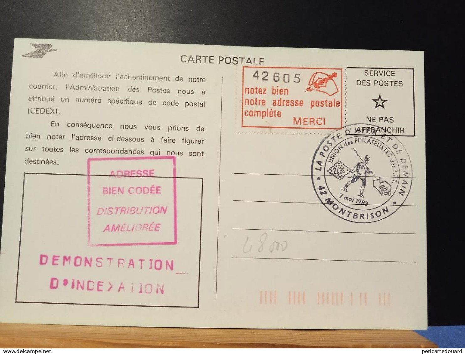 Code Postal, Carte Postal En Franchise, Démonstration D'indexation, Vignette 42605 Montbrison Cedex - Brieven En Documenten