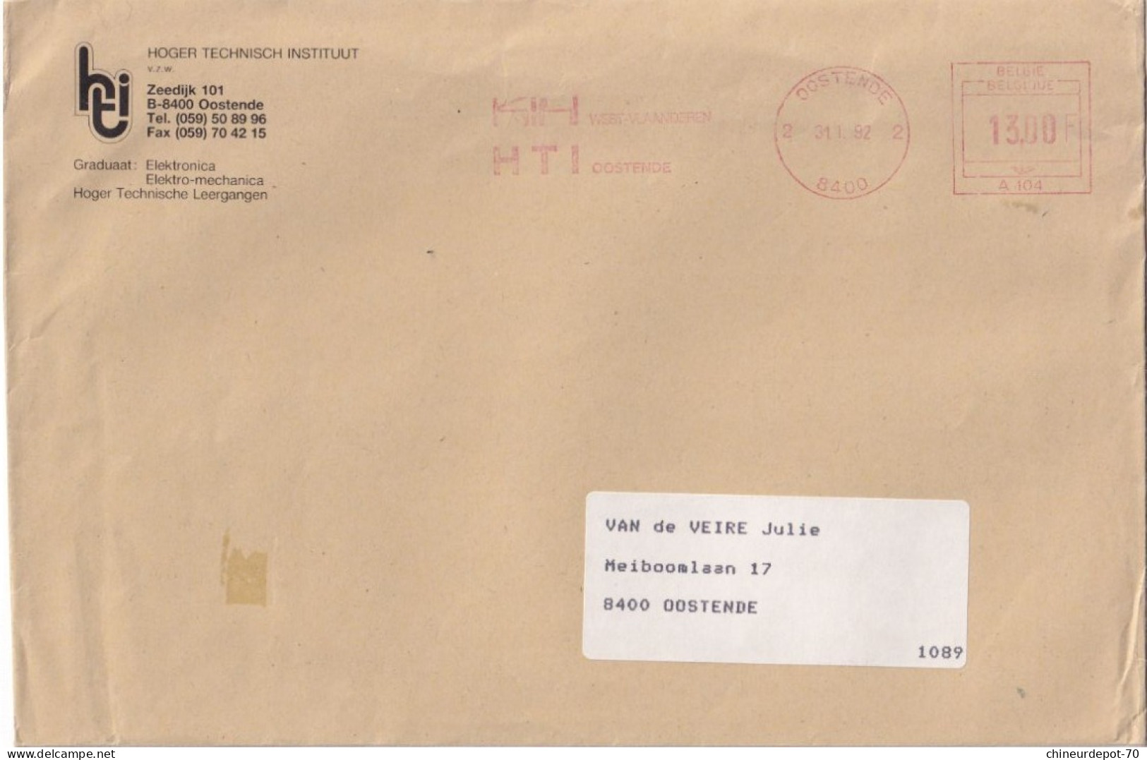 Enveloppe Oblitérée Institut Technique Supérieur Ostende 1992 - Cartas & Documentos