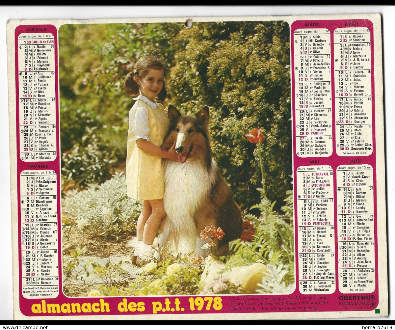 Almanach  Calendrier P.T.T  - La Poste -1978 -  Oiseau -  Chien Et Jeune Fille - Petit Format : 1971-80