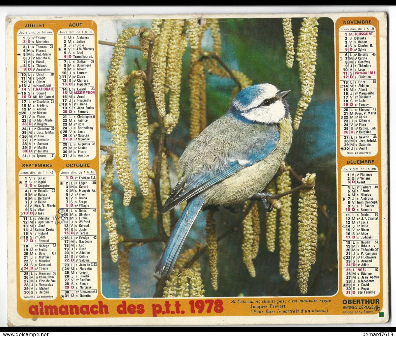 Almanach  Calendrier P.T.T  - La Poste -1978 -  Oiseau -  Chien Et Jeune Fille - Kleinformat : 1971-80