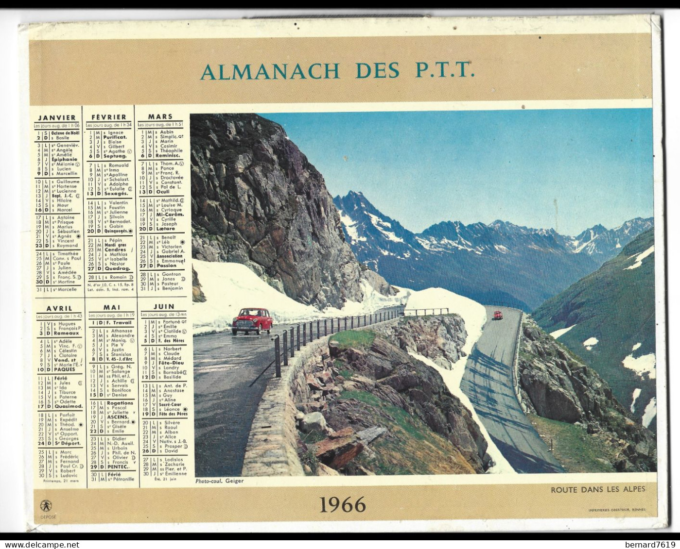 Almanach  Calendrier  P.T.T  - La Poste -1966 - Route Dans Les Alpes - Bormes Les Mimosas - Petit Format : 1961-70