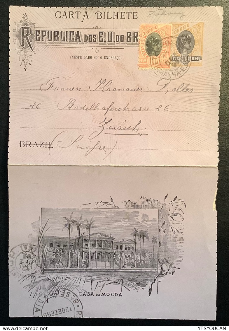 Brazil PETROPOLIS 1899 200reis Postal Stationery Letter Card (carta Bilhete)>Zürich, Schweiz (Brasil Cover - Entiers Postaux