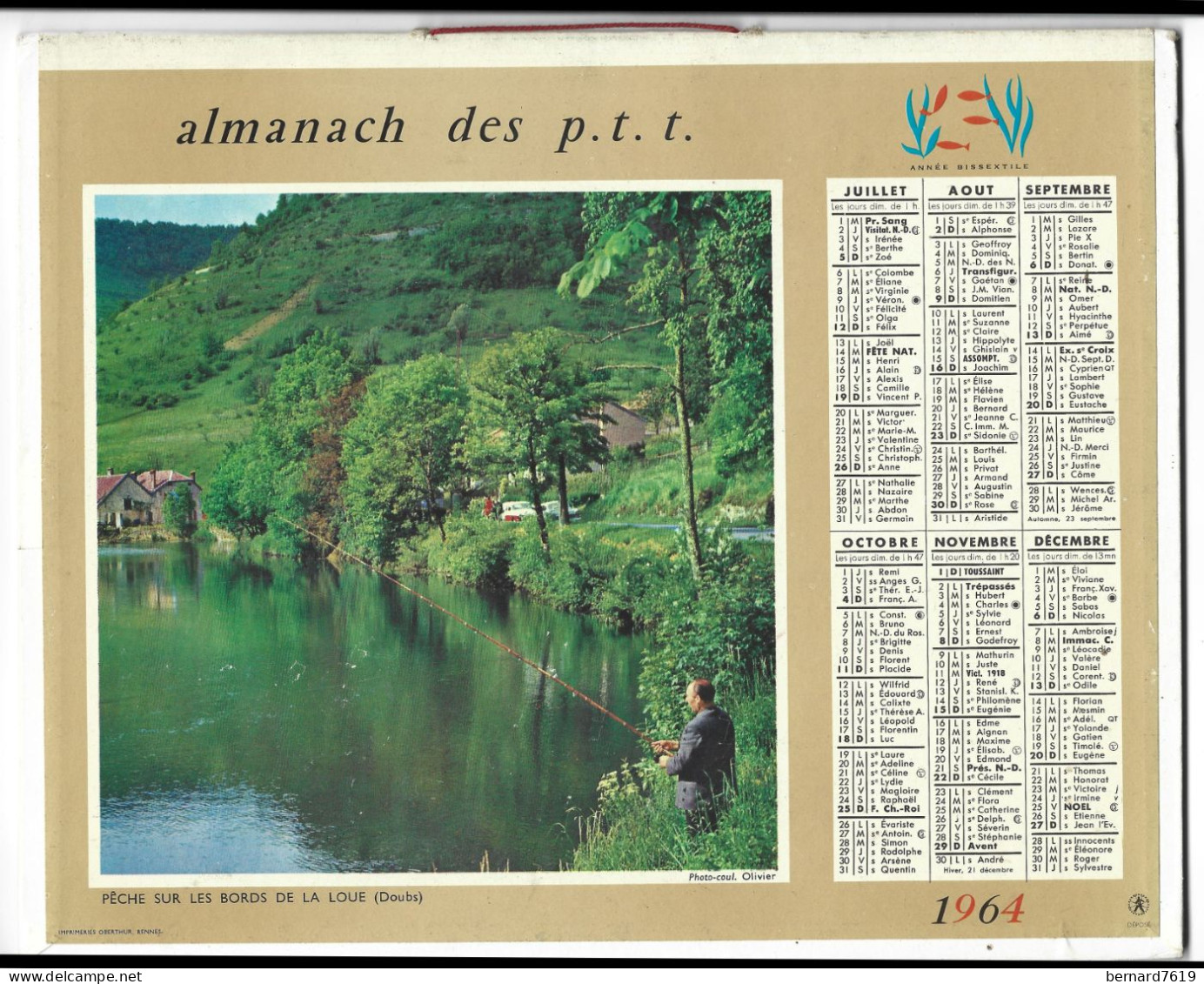 Almanach  Calendrier  P.T.T  - La Poste -1966 - Arret - La Chasse - Peche Sur Les Bords De La Loue Doubs - Kleinformat : 1961-70