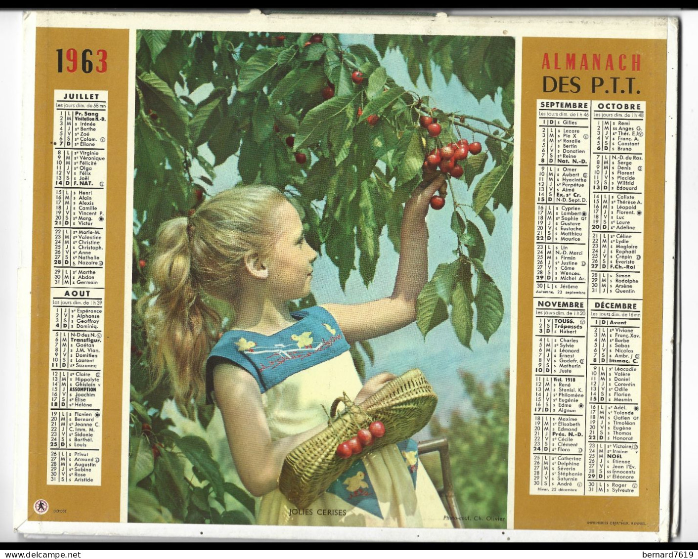 Almanach  Calendrier  P.T.T  - La Poste -1963 - Cueillette Du Mimosas - Jolies Cerises - Kleinformat : 1961-70