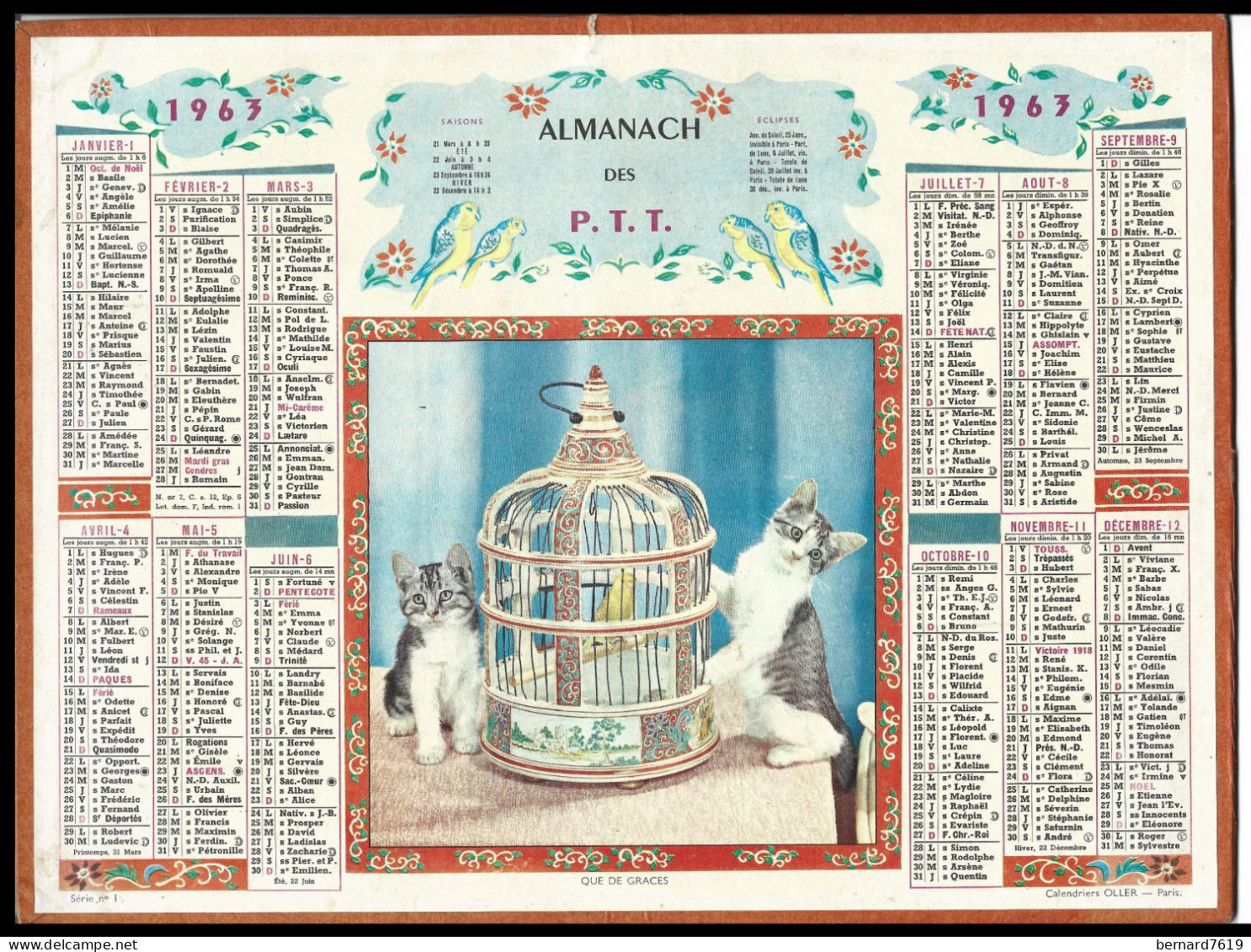 Almanach  Calendrier  P.T.T  - La Poste -1963  - Chat - Tamaño Pequeño : 1961-70