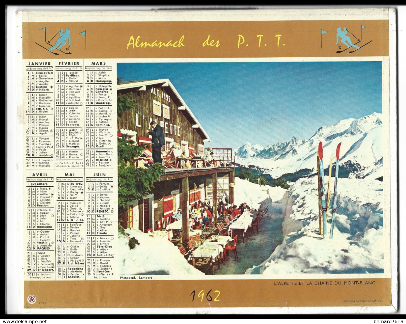 Almanach  Calendrier  P.T.T  - La Poste -1962  - L'alpette Et La Chaine Du Mont Blanc - Paysage De Printemps - Tamaño Pequeño : 1961-70