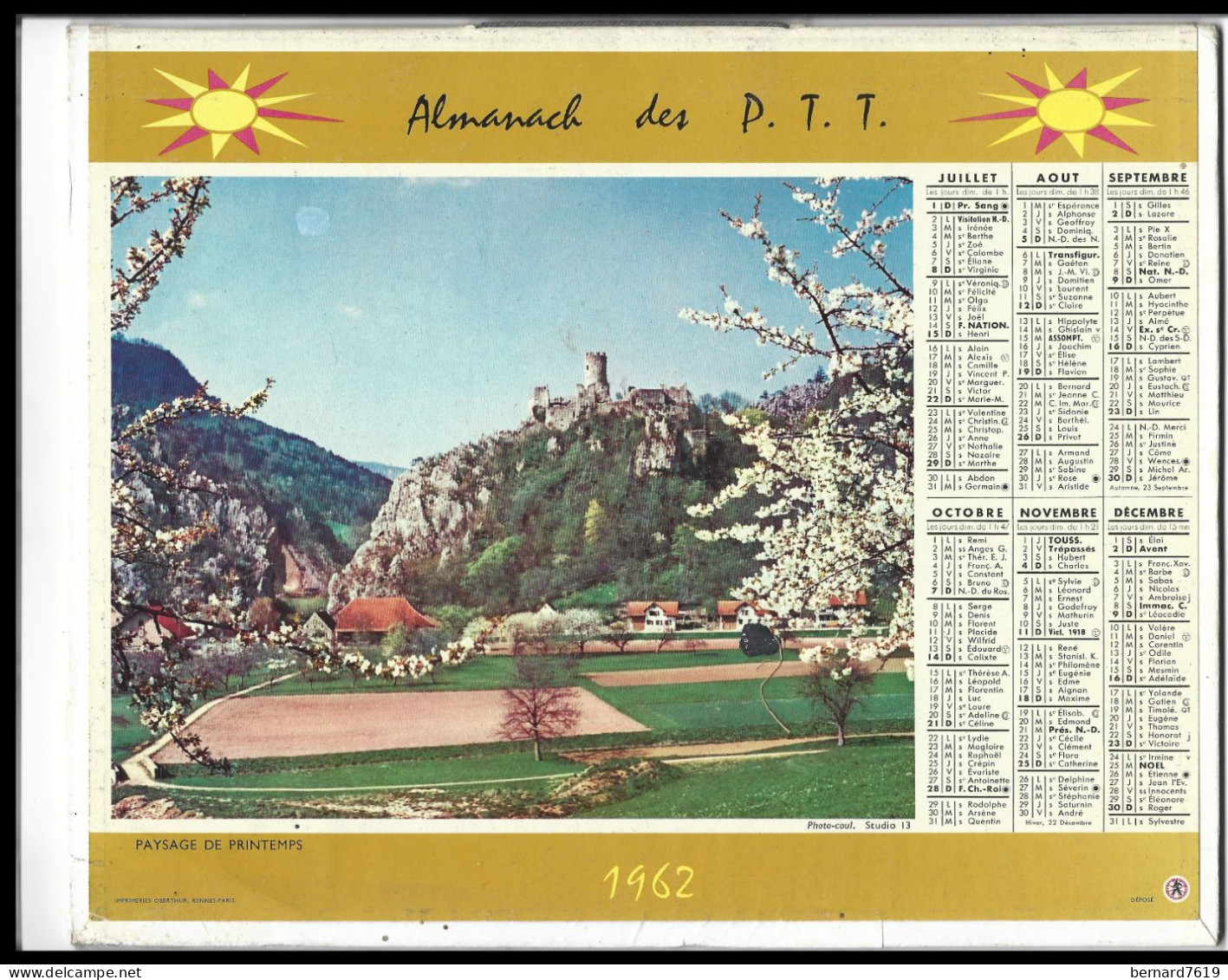 Almanach  Calendrier  P.T.T  - La Poste -1962  - L'alpette Et La Chaine Du Mont Blanc - Paysage De Printemps - Kleinformat : 1961-70