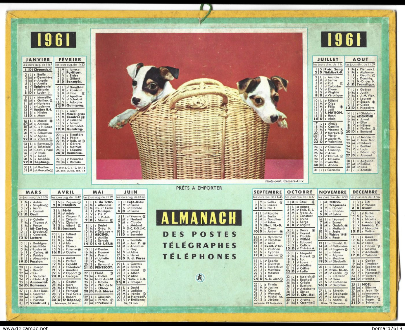 Almanach Calendrier  P.T.T  - La Poste -1961  - Chiens - Pret A Emporter - Small : 1961-70