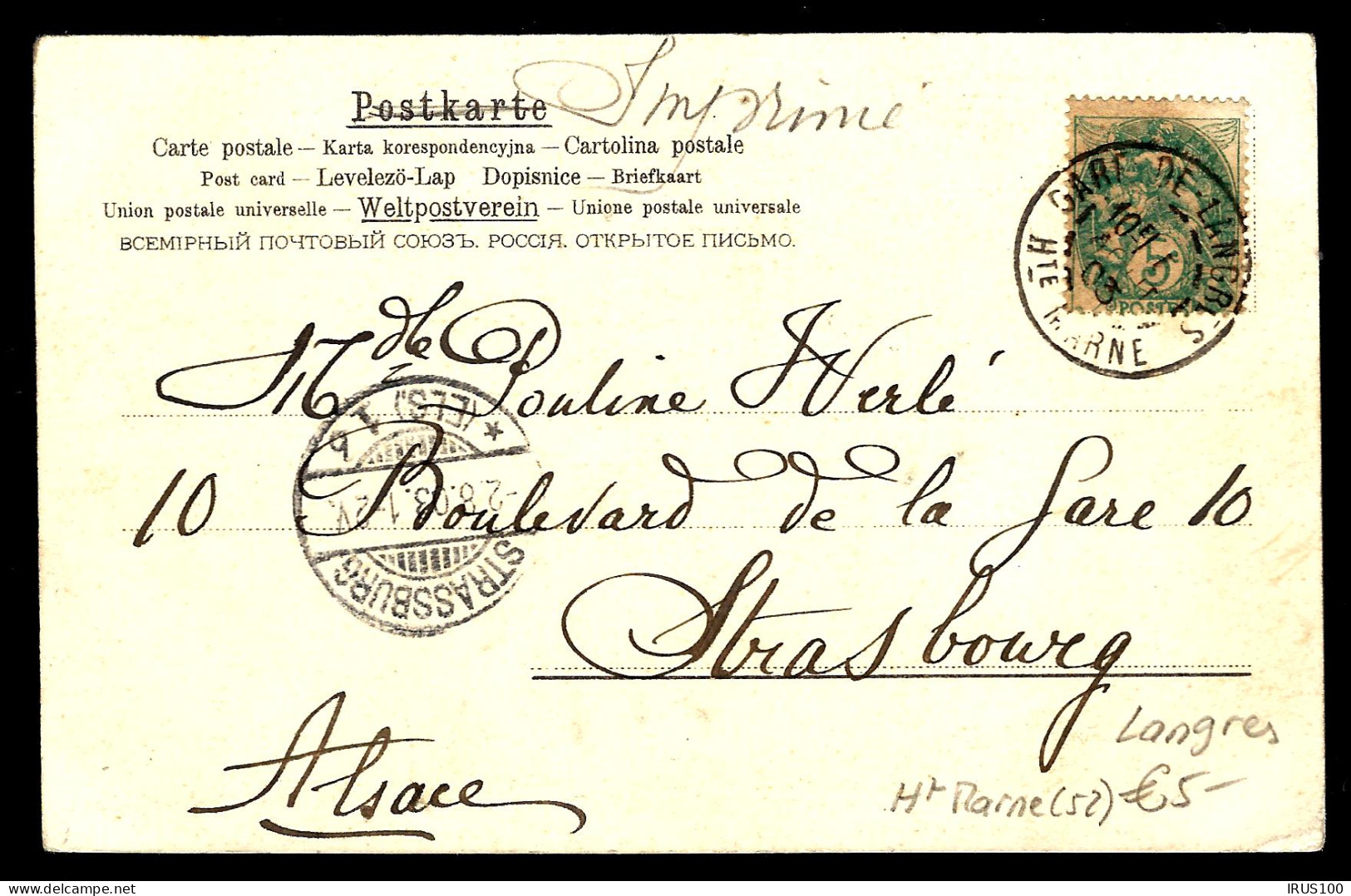 COURRIER DE LANGRES - 1903 -POUR STRASBOURG - 1900-29 Blanc