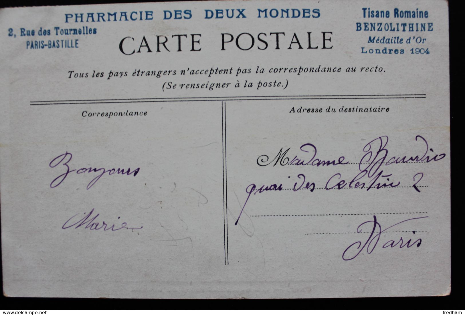 21 Sept 1905 CAD PP IMPRIMES  2 PARIS SUR CARTE PUBLICITAIRE "PHARMACIE DES DEUX MONDES " / Paris - Bastille Y&T NO 111 - Journaux