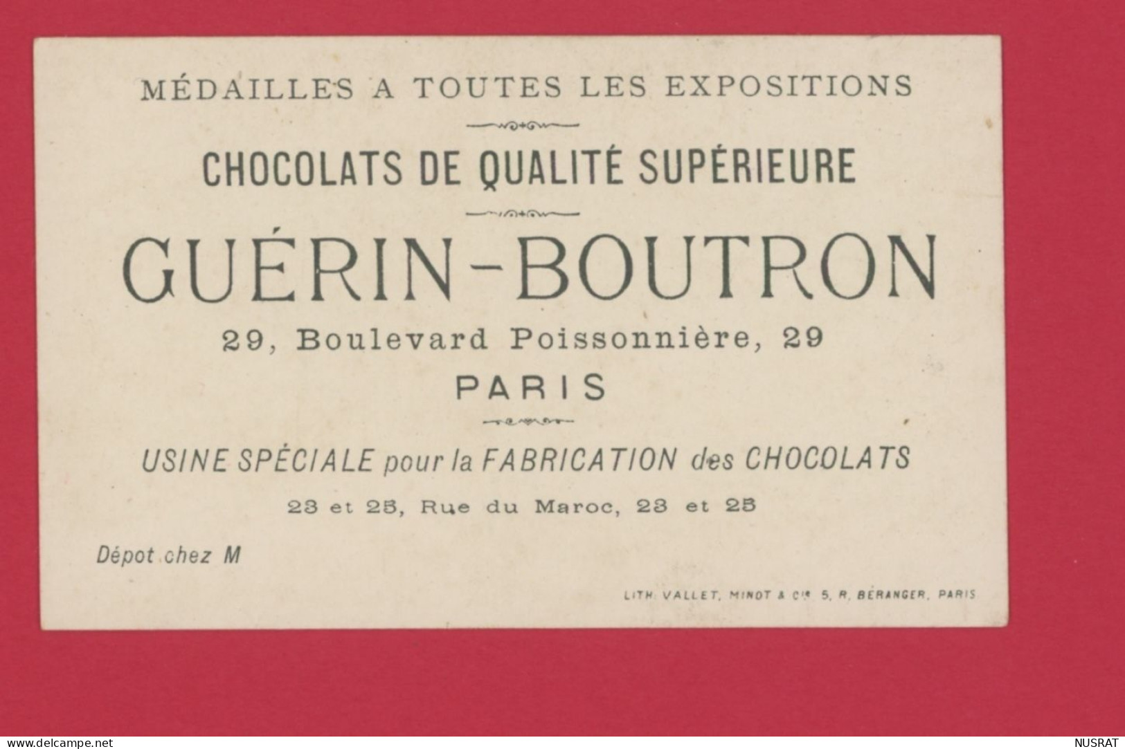 Chocolat Guérin Boutron, Jolie Chromo Lith. Vallet Minot, Garçon, Canard, Qui Le Mène Au Garde Champêtre - Guérin-Boutron