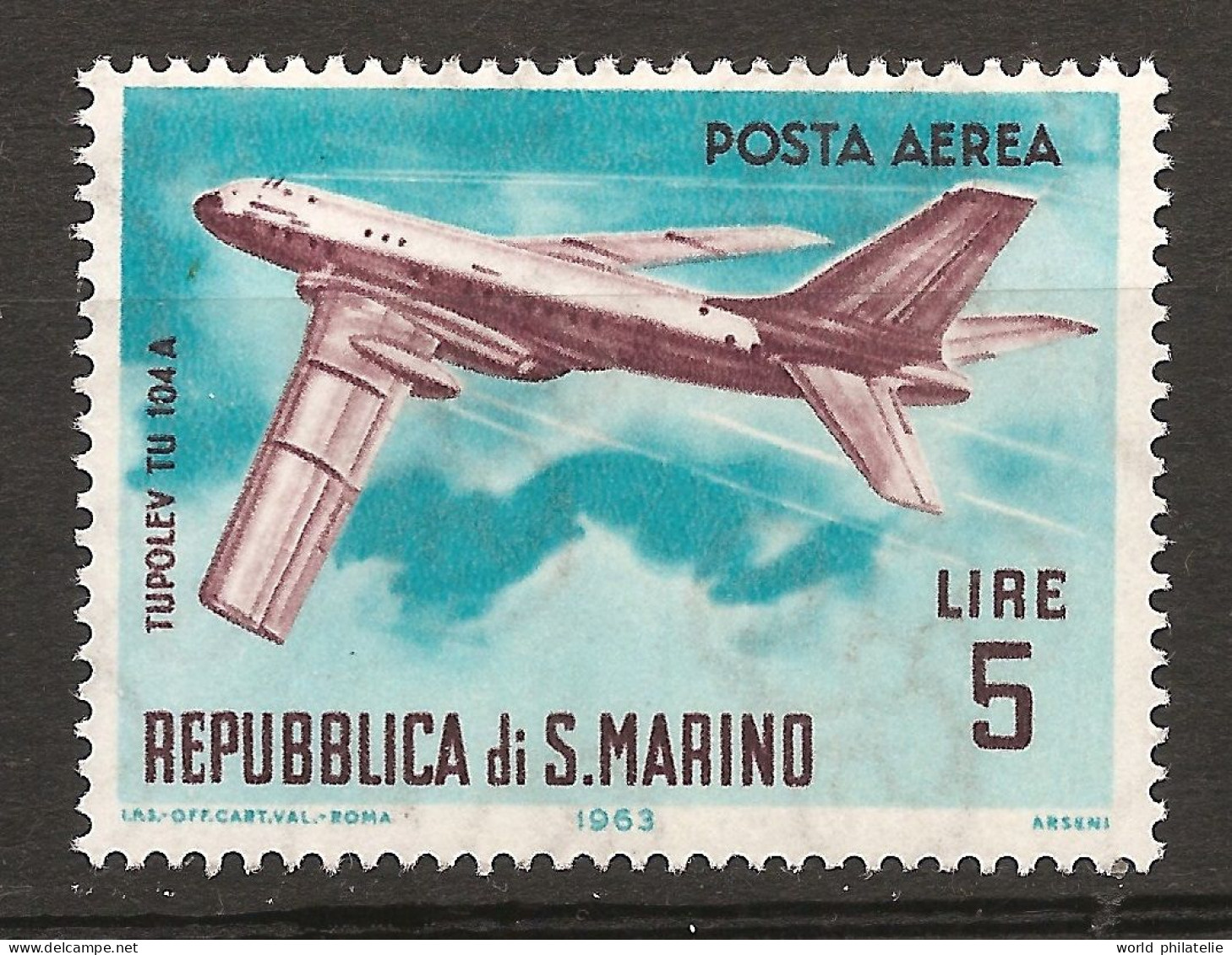 Saint-Marin 1963 N° PA 128 Iso ** Aviation, Avion à Réaction, Tupolev, TU-104, Russie, URSS, Guerre Froide, Bombardier - Neufs