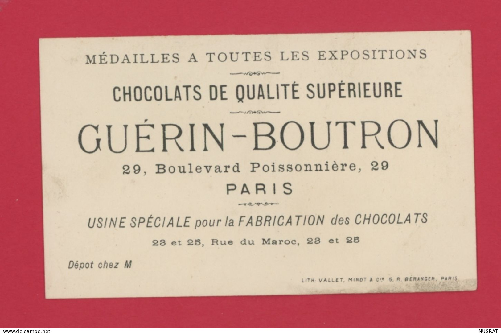 Chocolat Guérin Boutron, Jolie Chromo Lith. Vallet Minot, Garçon, Canard, Ou Il Se Noyait Sans Le Secours Du Canard - Guérin-Boutron