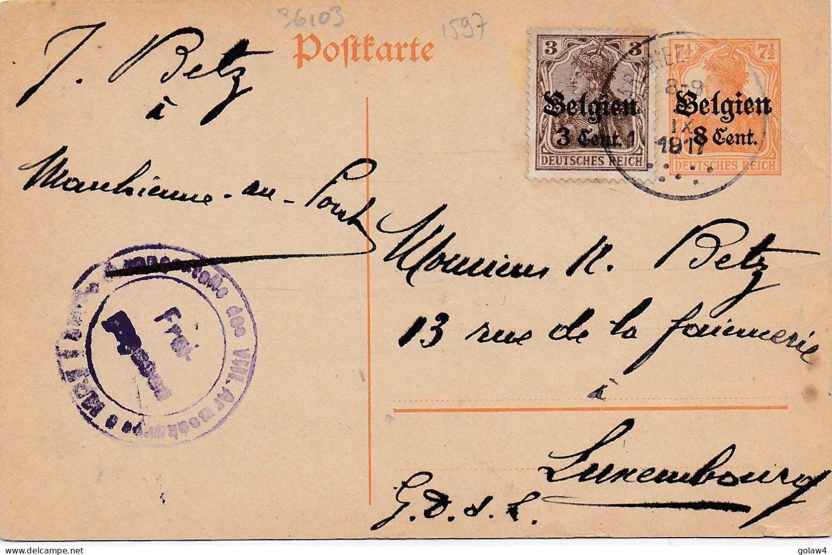 36103# GERMANIA CARTE POSTALE CENSURE BELGIEN Obl MARCHIENNE AU PONT 1917 LUXEMBOURG - Deutsche Armee