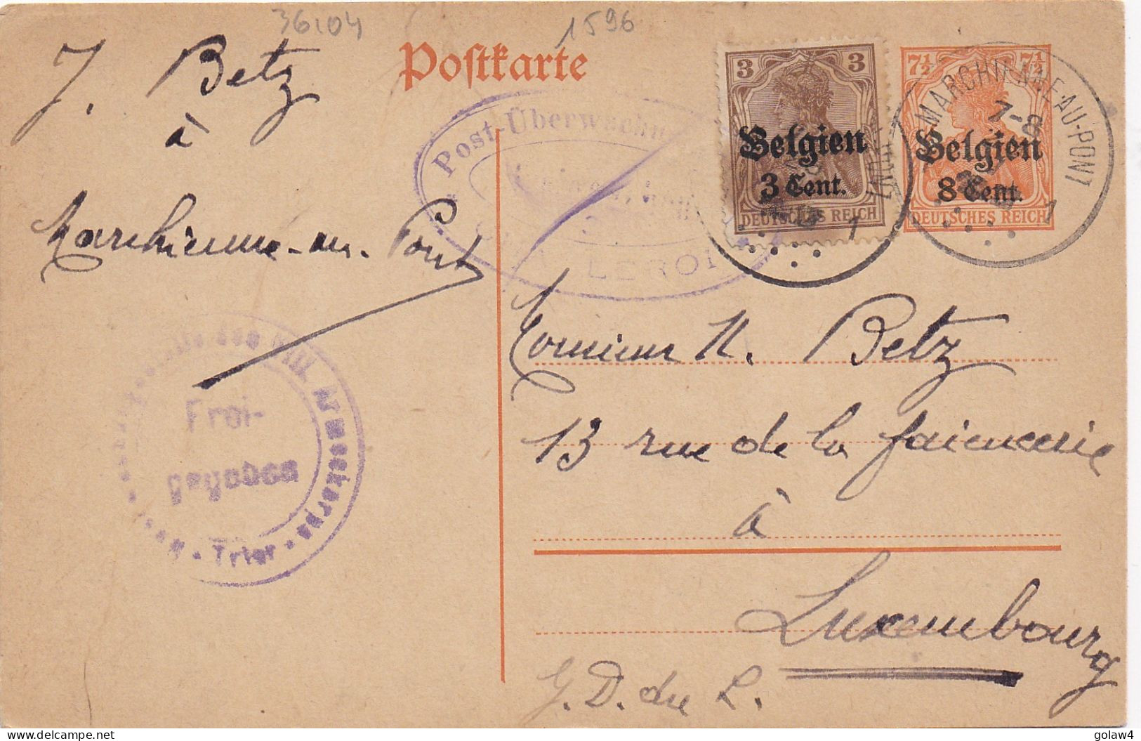 36104# GERMANIA CARTE POSTALE DOUBLE CENSURE CHARLEROI BELGIEN Obl MARCHIENNE AU PONT 1917 LUXEMBOURG - Armée Allemande