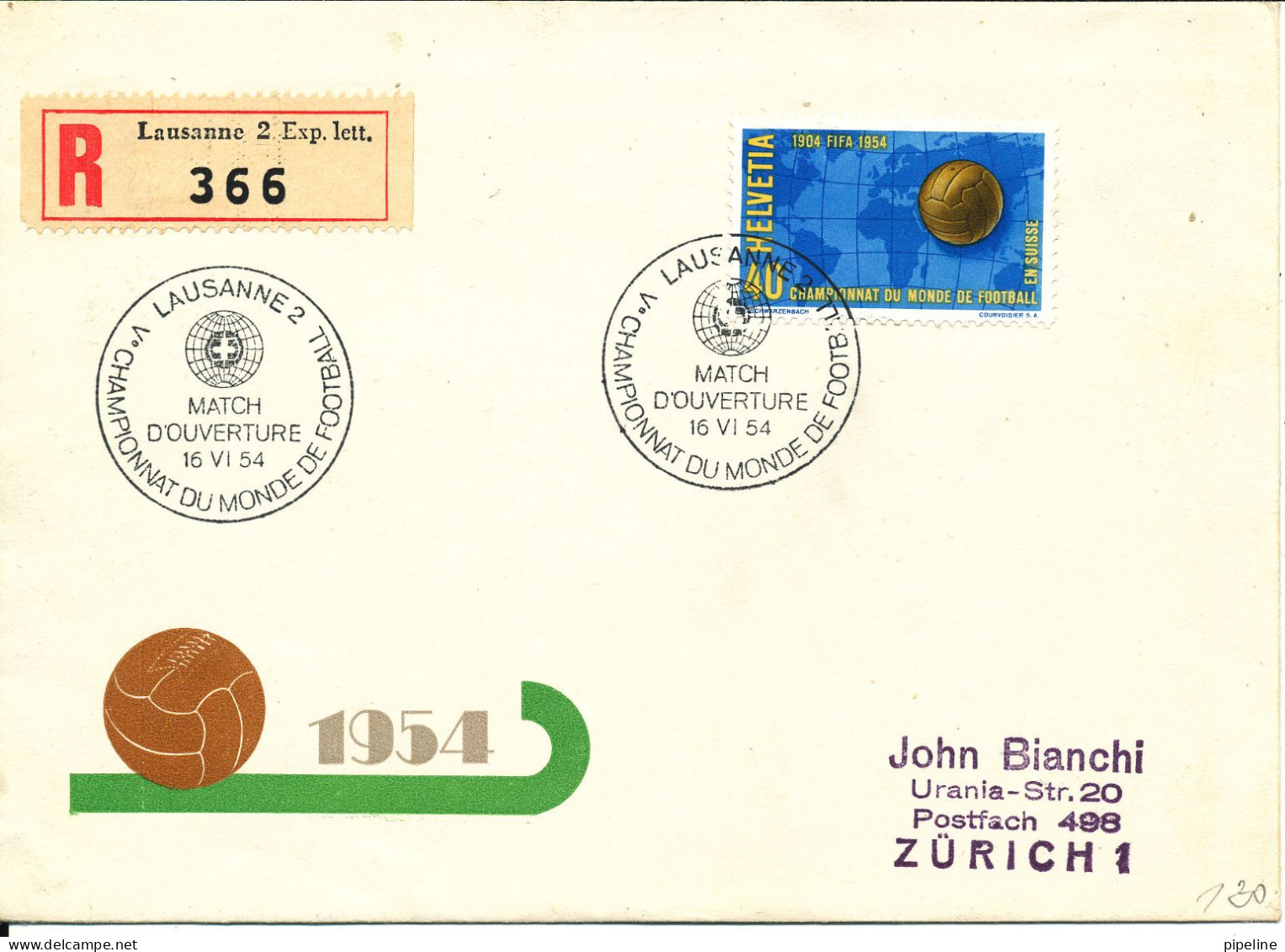 Switzerland Registered Cover World Cup Soccer Football Lausanne Match D'ouverture 16--6-1954 With Cachet And Address - 1954 – Suisse