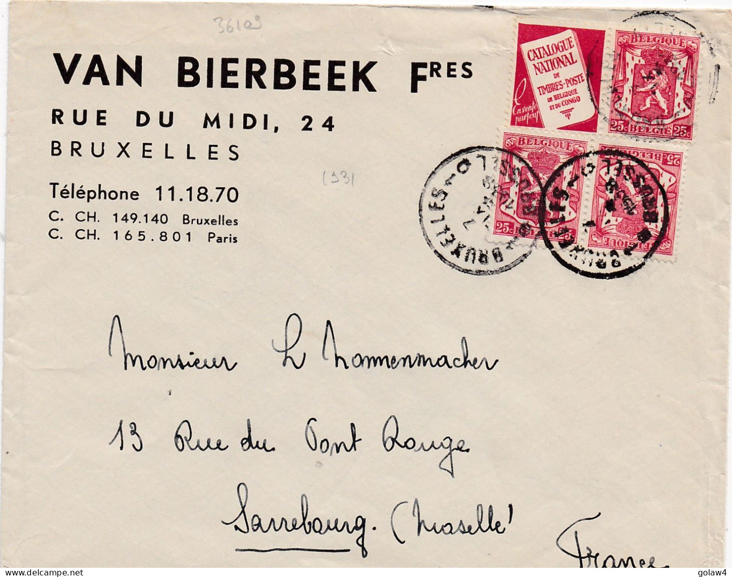 36109# TYPE PETIT SCEAU DE L'ETAT PUBLICITE CATALOGUE NATIONAL Obl BRUXELLES BRUSSEL 1938 Pour SARREBOURG MOSELLE - Brieven En Documenten