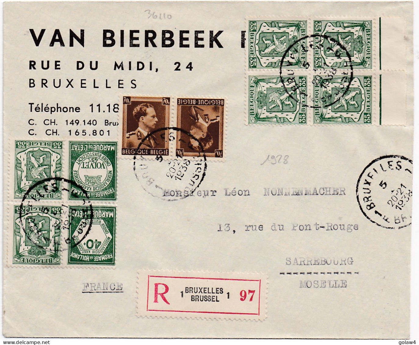 36110# TYPE PETIT SCEAU ETAT PUBLICITE FROMAGE HOLLANDE TETE BECHE COL OUVERT BRUXELLES BRUSSEL 1938 SARREBOURG MOSELLE - Storia Postale