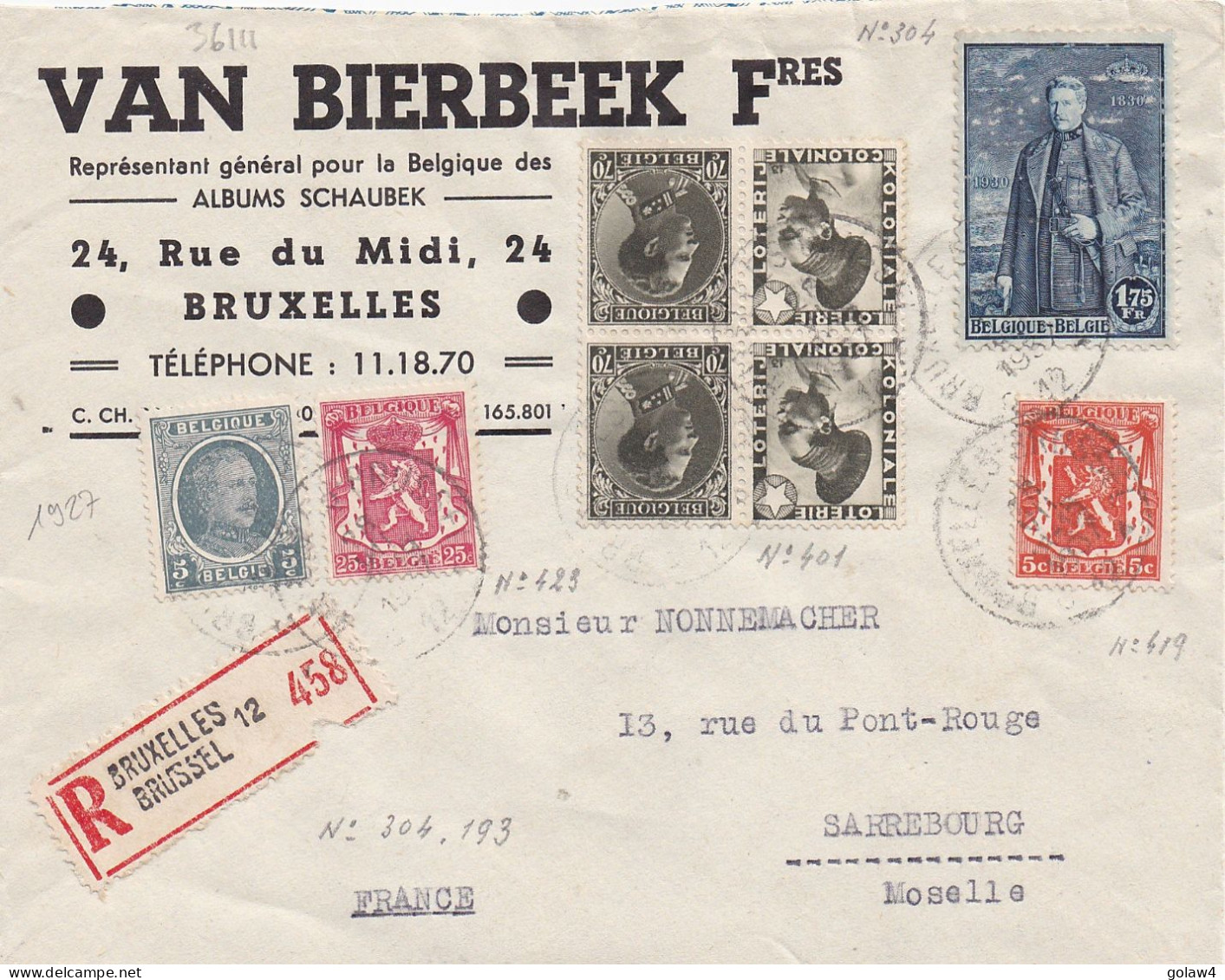 36111# TYPE PETIT SCEAU DE L'ETAT + PUBLICITE COL FERME KOLONIALE LOTERIJ Obl BRUXELLES BRUSSEL 1937 SARREBOURG MOSELLE - Briefe U. Dokumente
