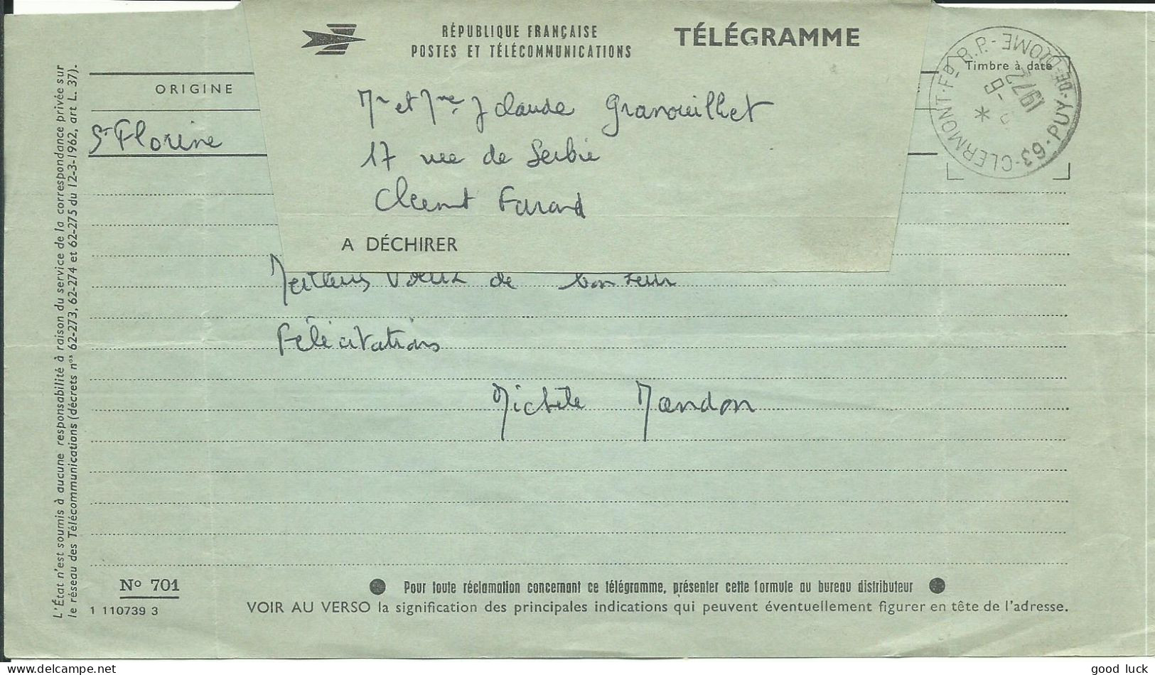 FRANCE TELEGRAMME STE FLORINE ( HAUTE LOIRE ) POUR CLERMONT FERRAND ( PUY DE DOME ) DE 1972 LETTRE COVER - Télégraphes Et Téléphones
